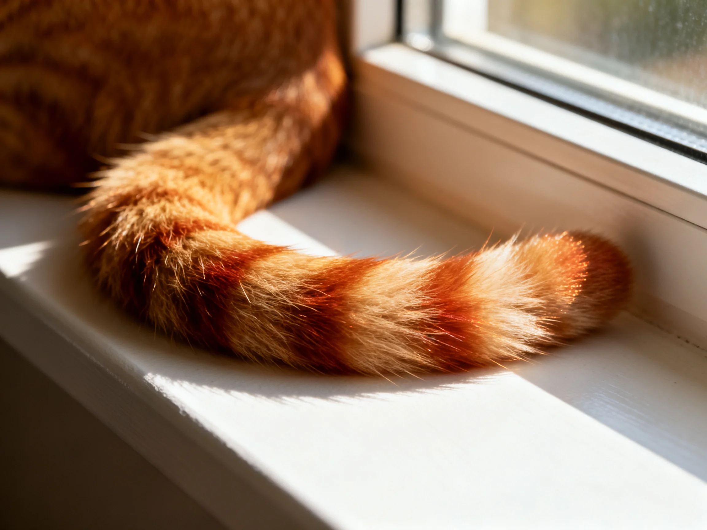 A fluffy orange tabby cat’s striped tail on a sunlit windowsill
