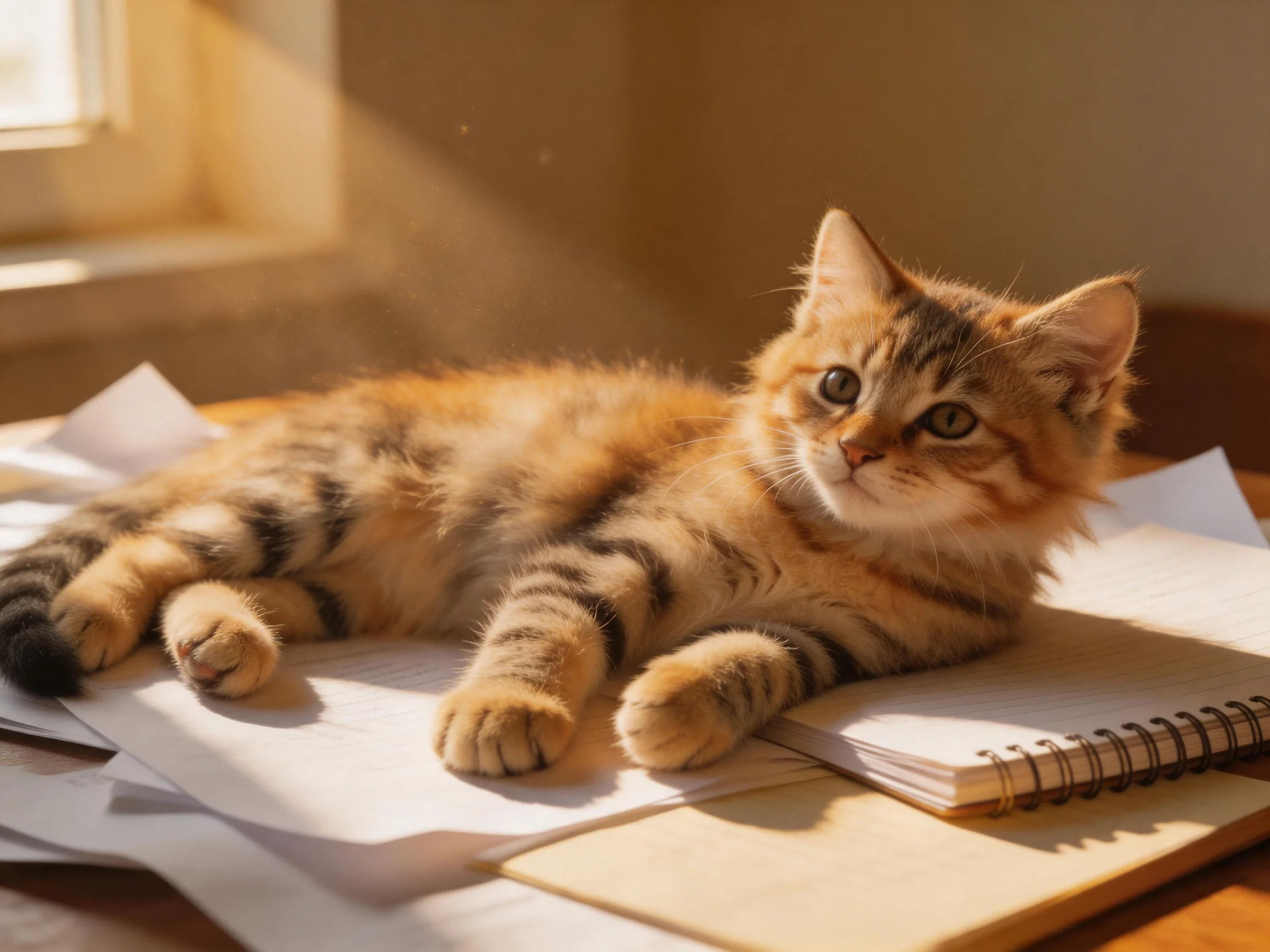 An orange tabby kitten relaxes on scattered papers and notebooks in a sunlit room.