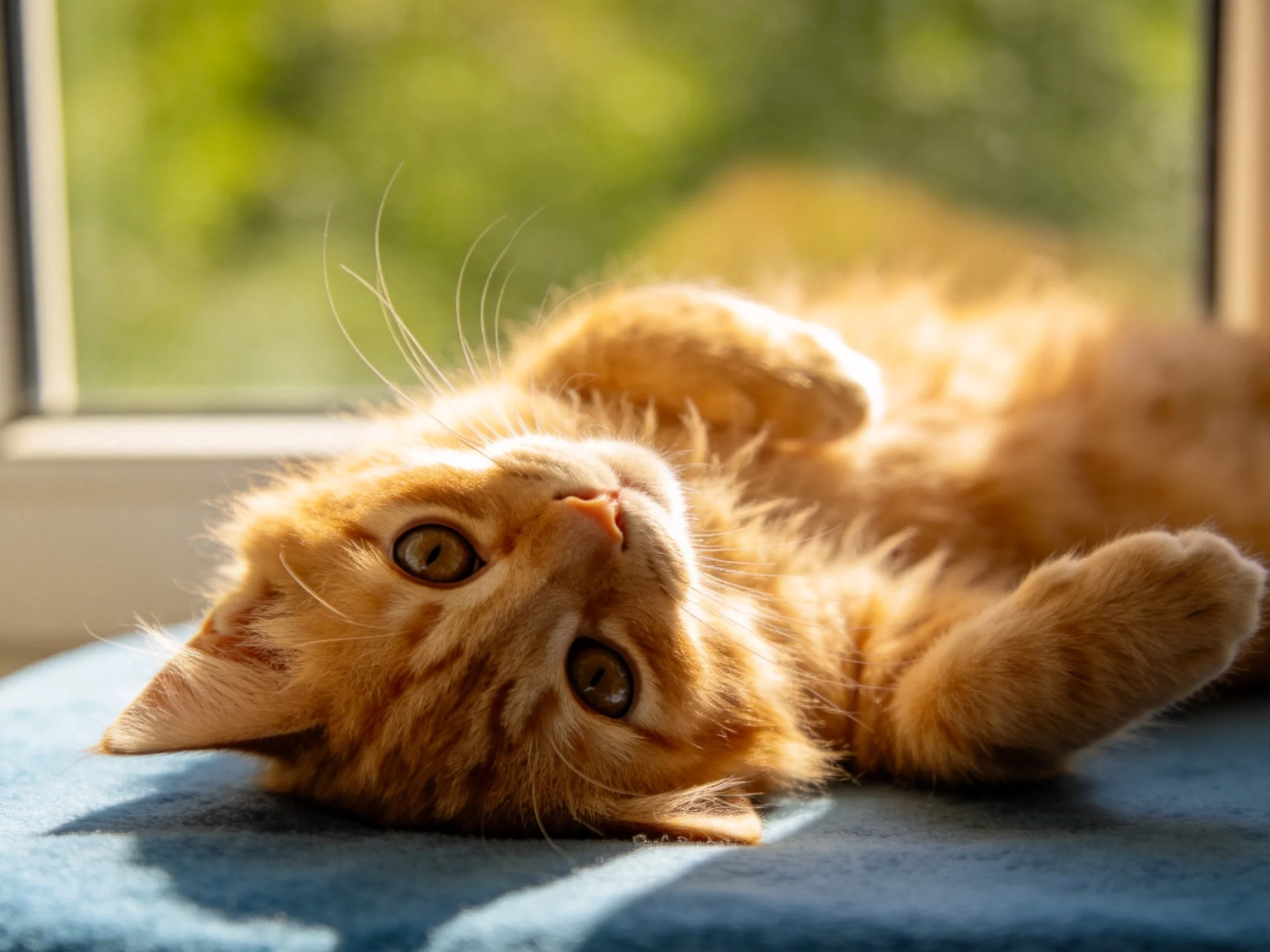 An orange tabby kitten relaxes near a sunlit window.