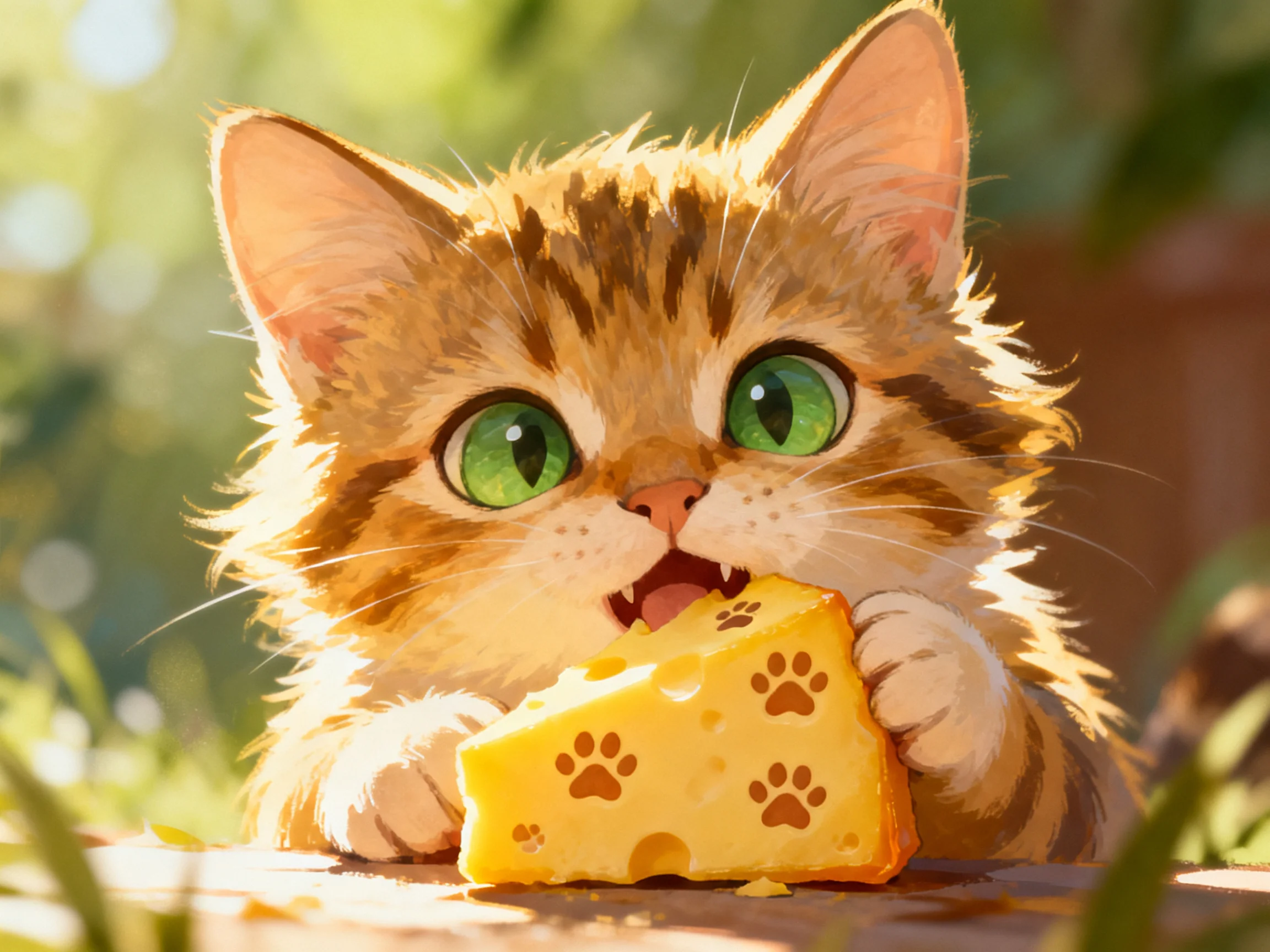 An orange tabby kitten enjoys a slice of yellow paw-printed cheese in a sunlit outdoor setting.