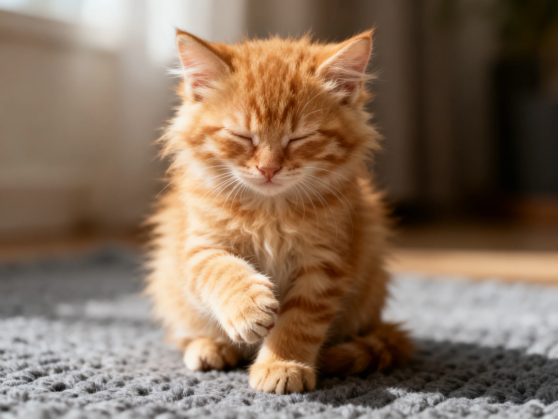 A fluffy orange tabby kitten relaxes on a soft gray indoor rug.