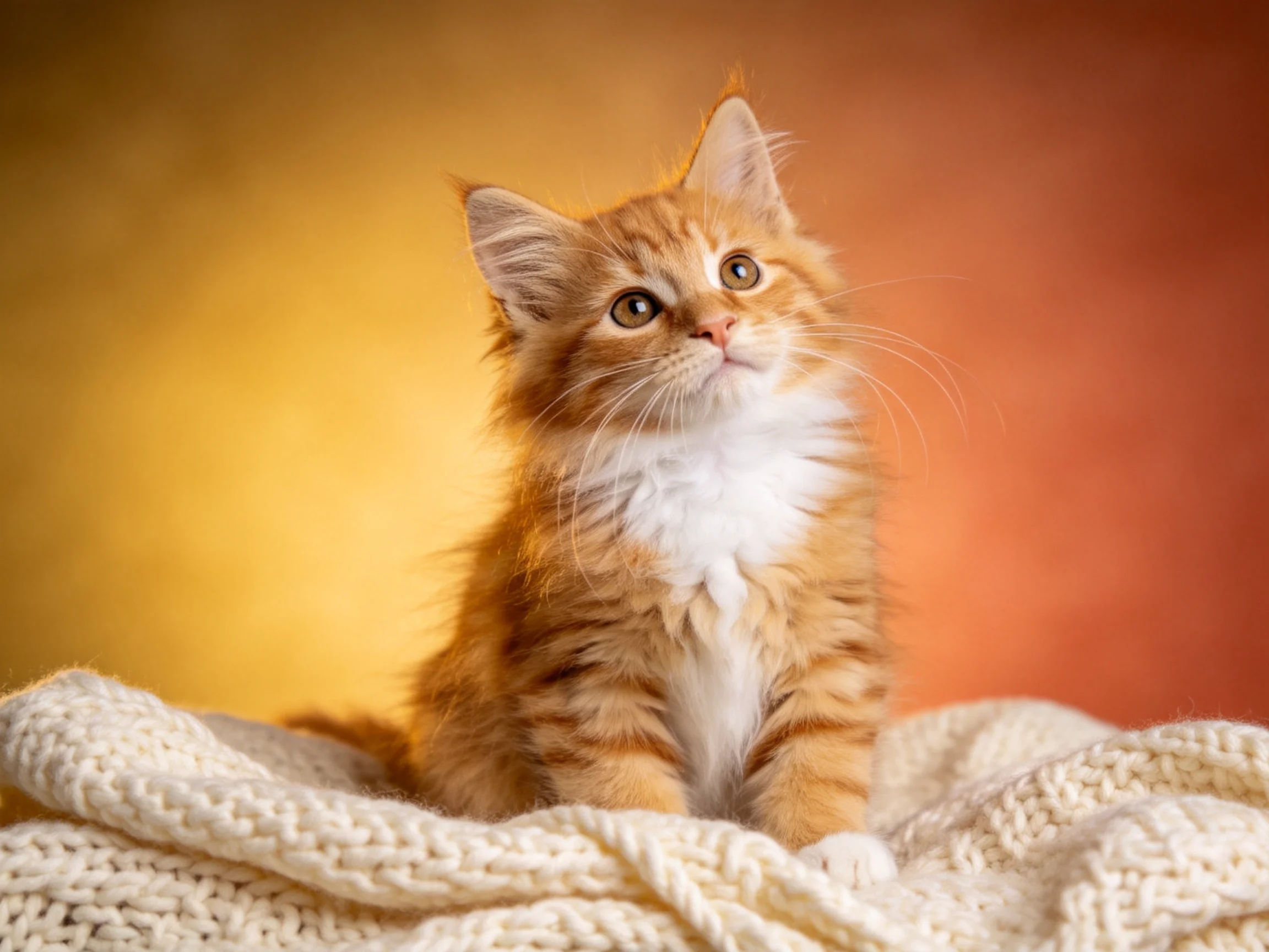 A fluffy orange tabby kitten rests on a cream knit blanket against a warm, softly lit background.