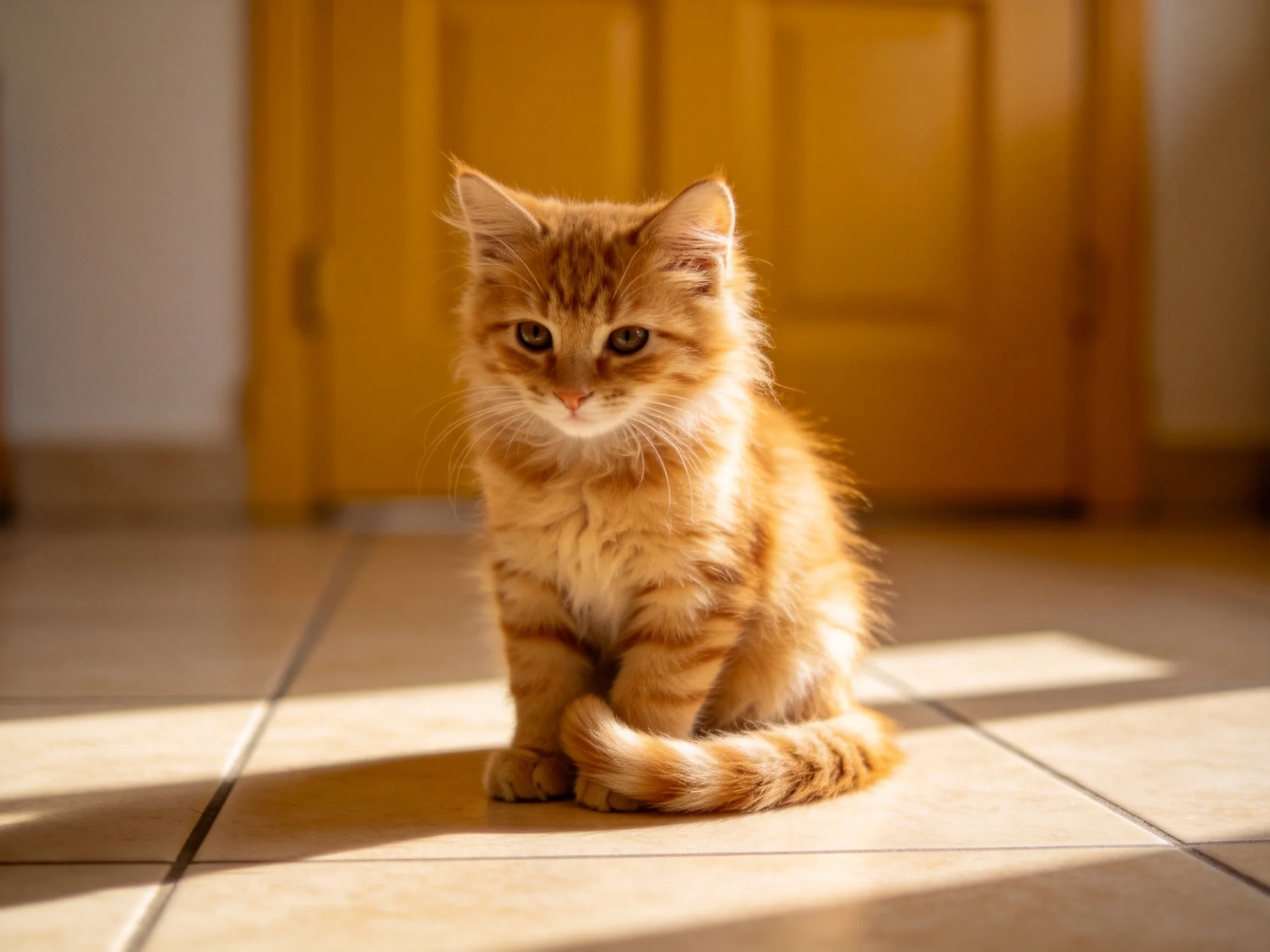 An orange tabby kitten sits on a tiled floor near golden doors