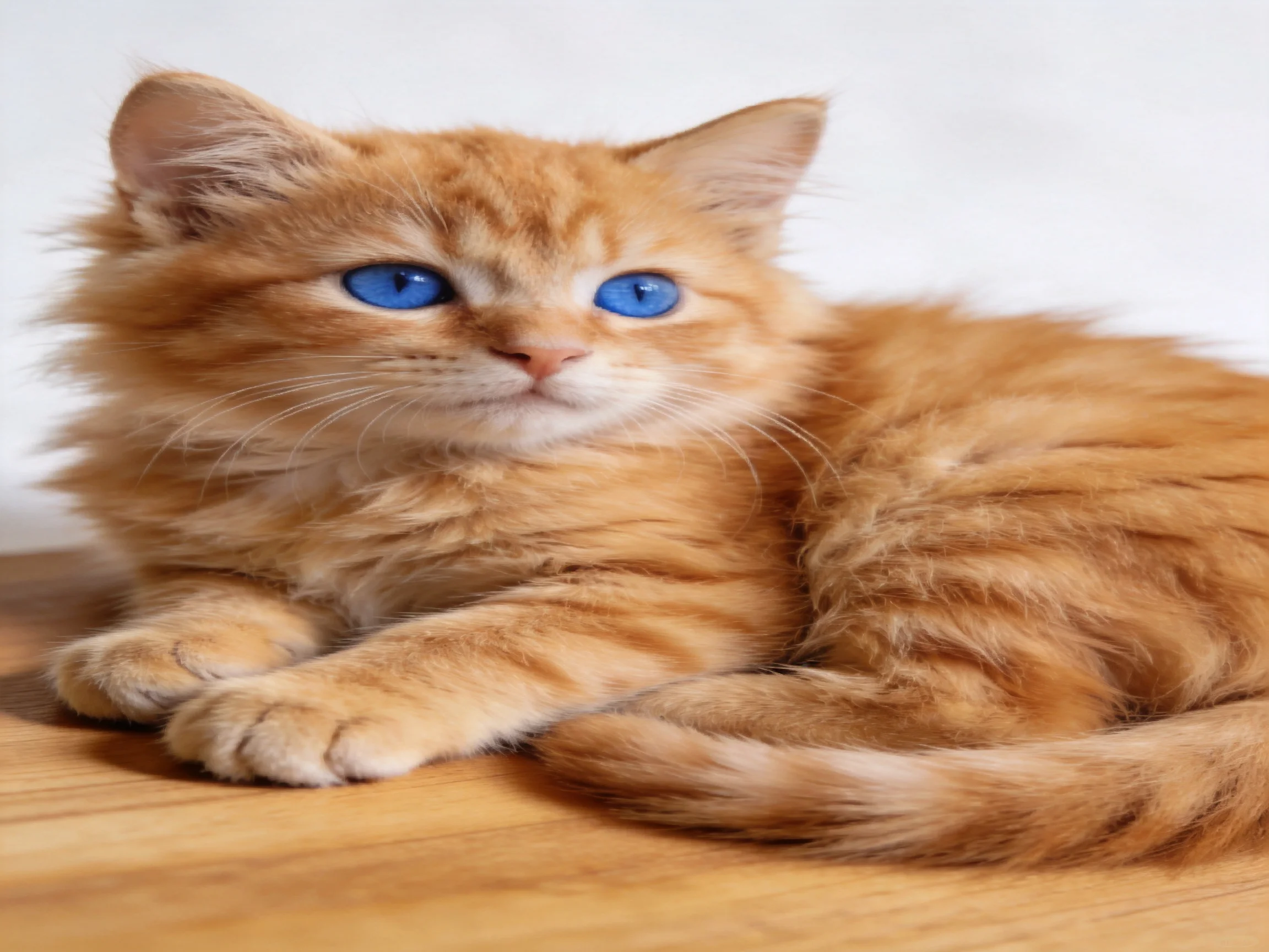 An orange tabby kitten with blue eyes rests on a wooden surface.