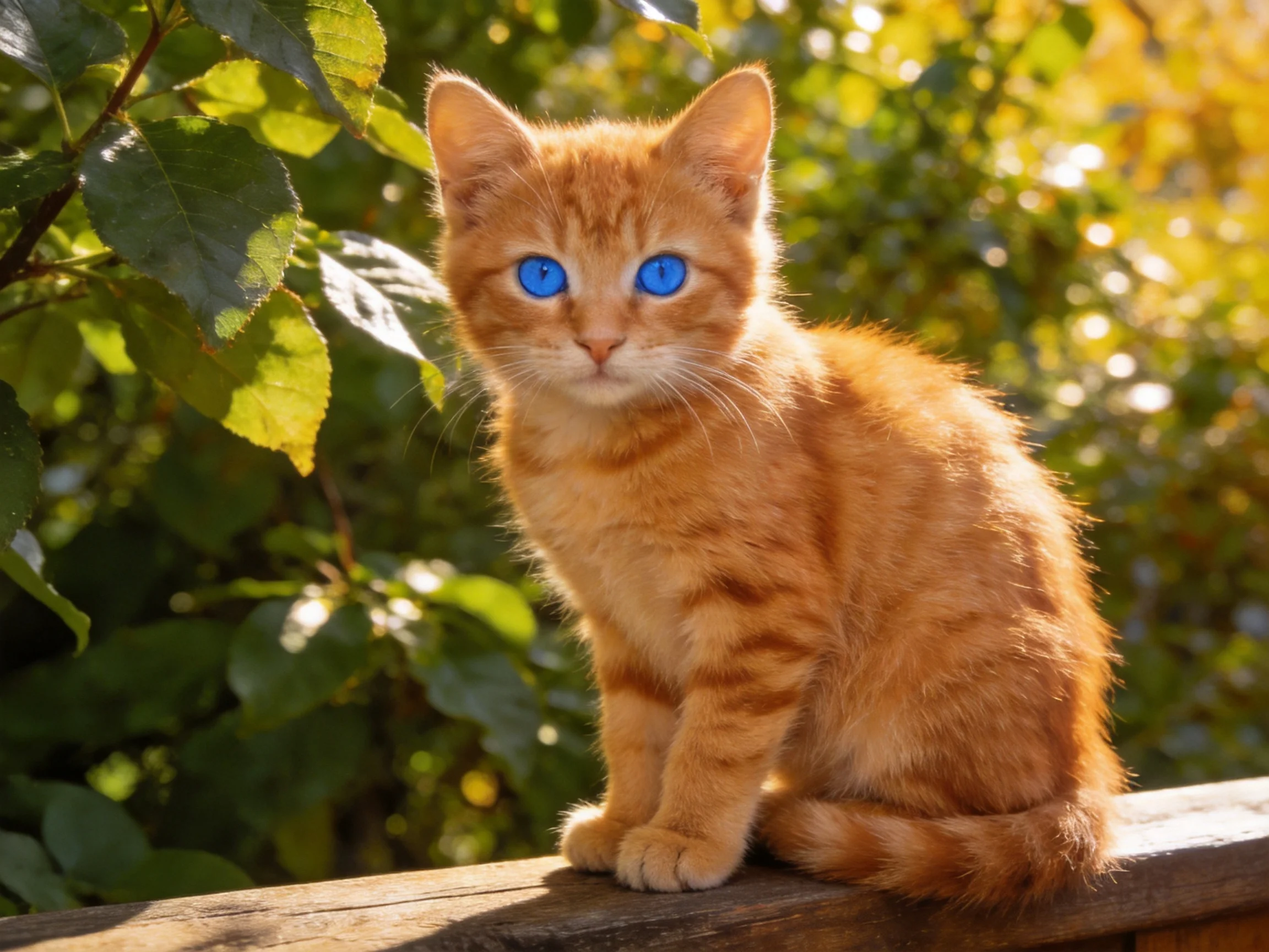 An orange tabby kitten with blue eyes sits on a wooden ledge among greenery.