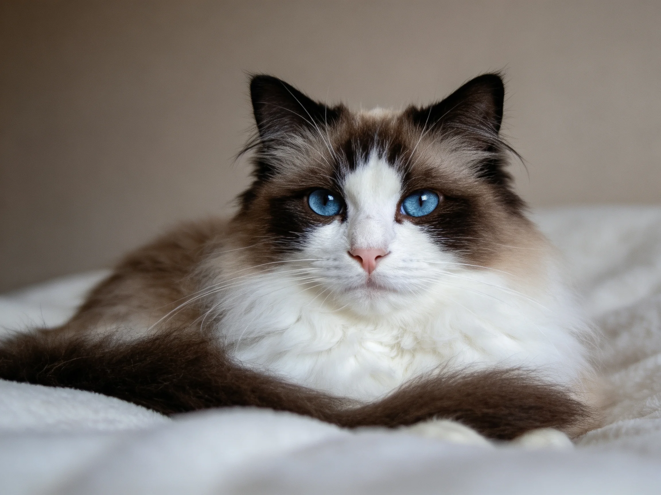 A fluffy ragdoll cat with striking blue eyes rests on soft bedding
