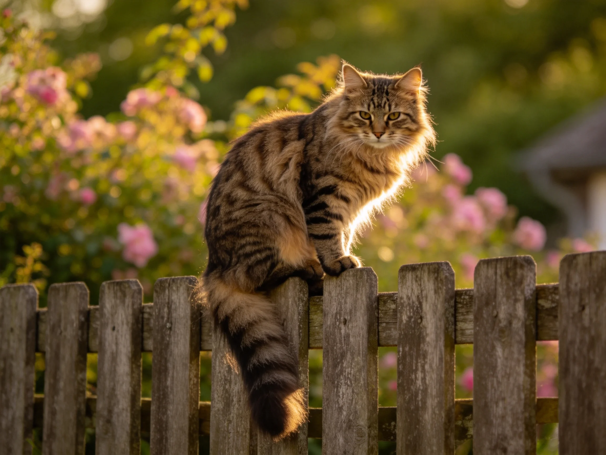 A fluffy tabby cat perches on a weathered wooden fence near blooming pink flowers
