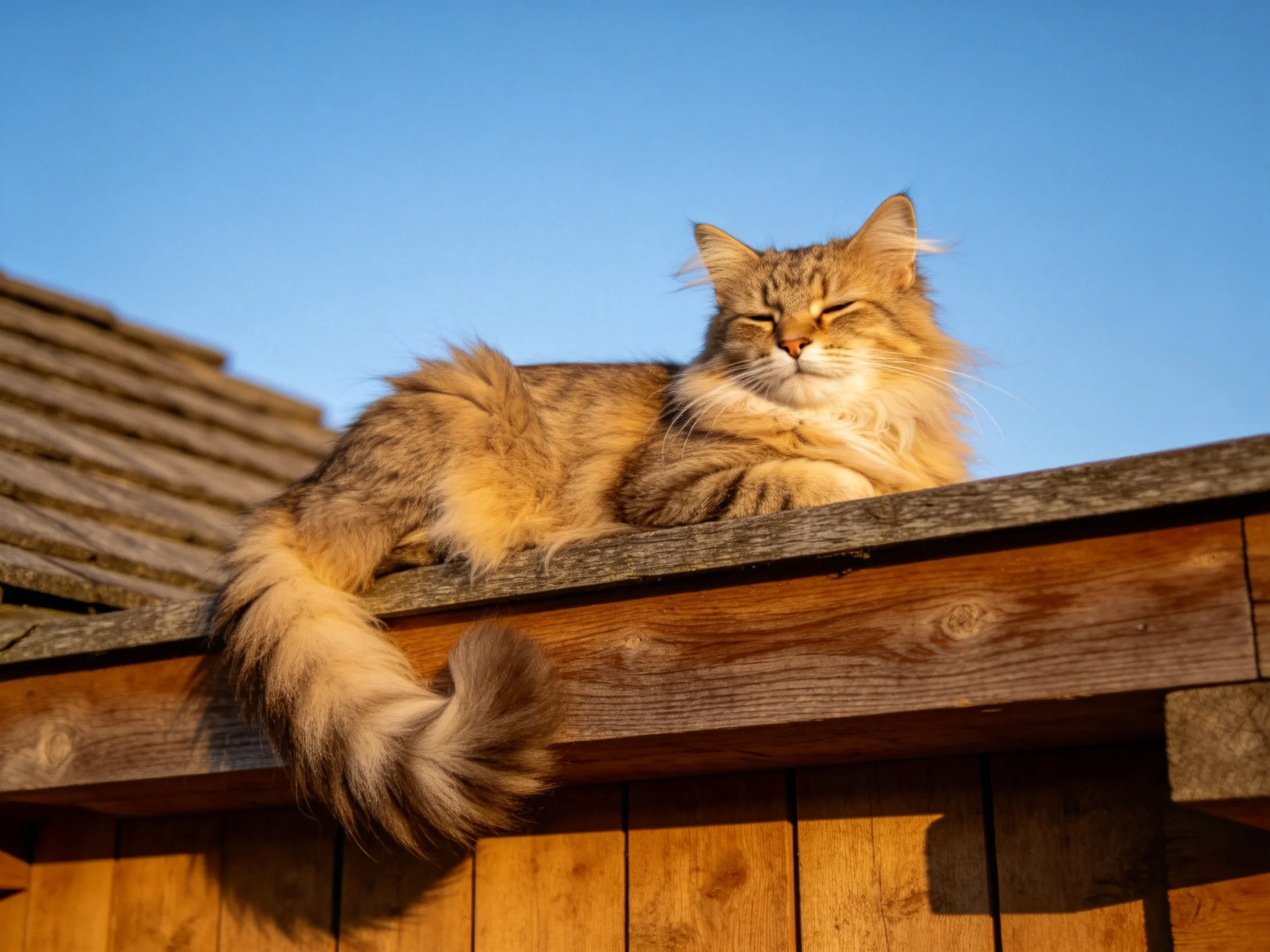 A fluffy tabby cat resting on a wooden rooftop under clear blue sky