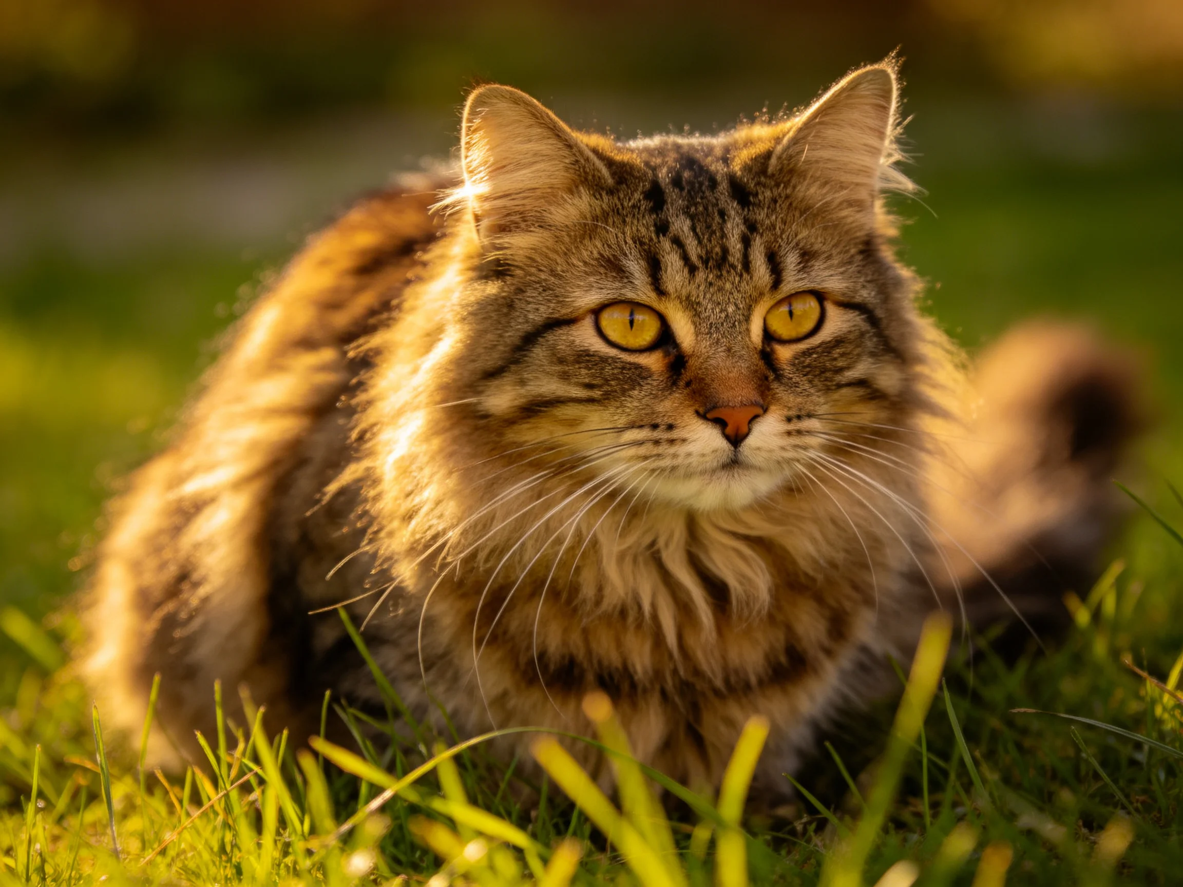 A fluffy tabby cat rests in sun-kissed green grass