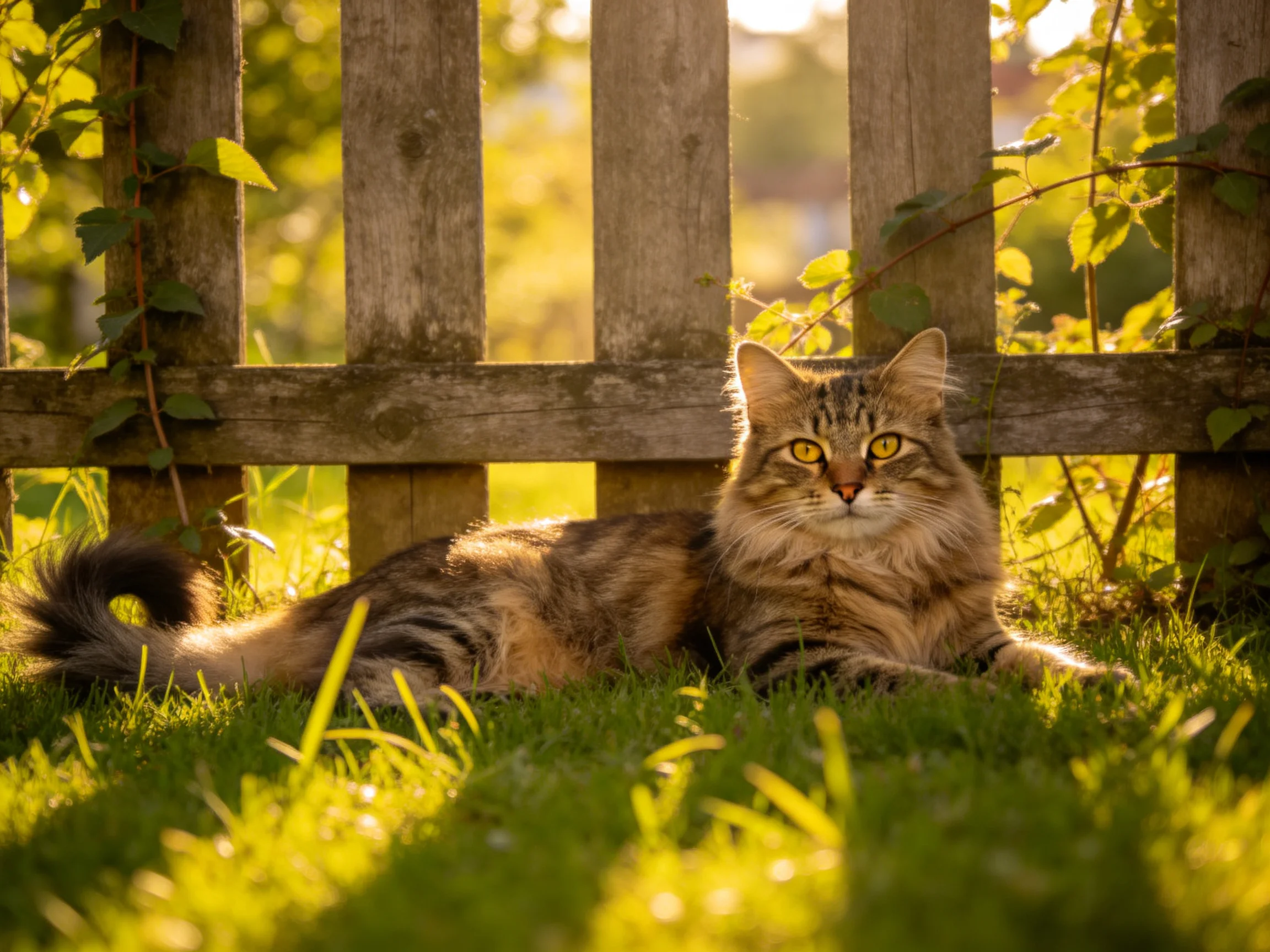 A fluffy tabby cat relaxes near a wooden fence in a sunlit grassy area