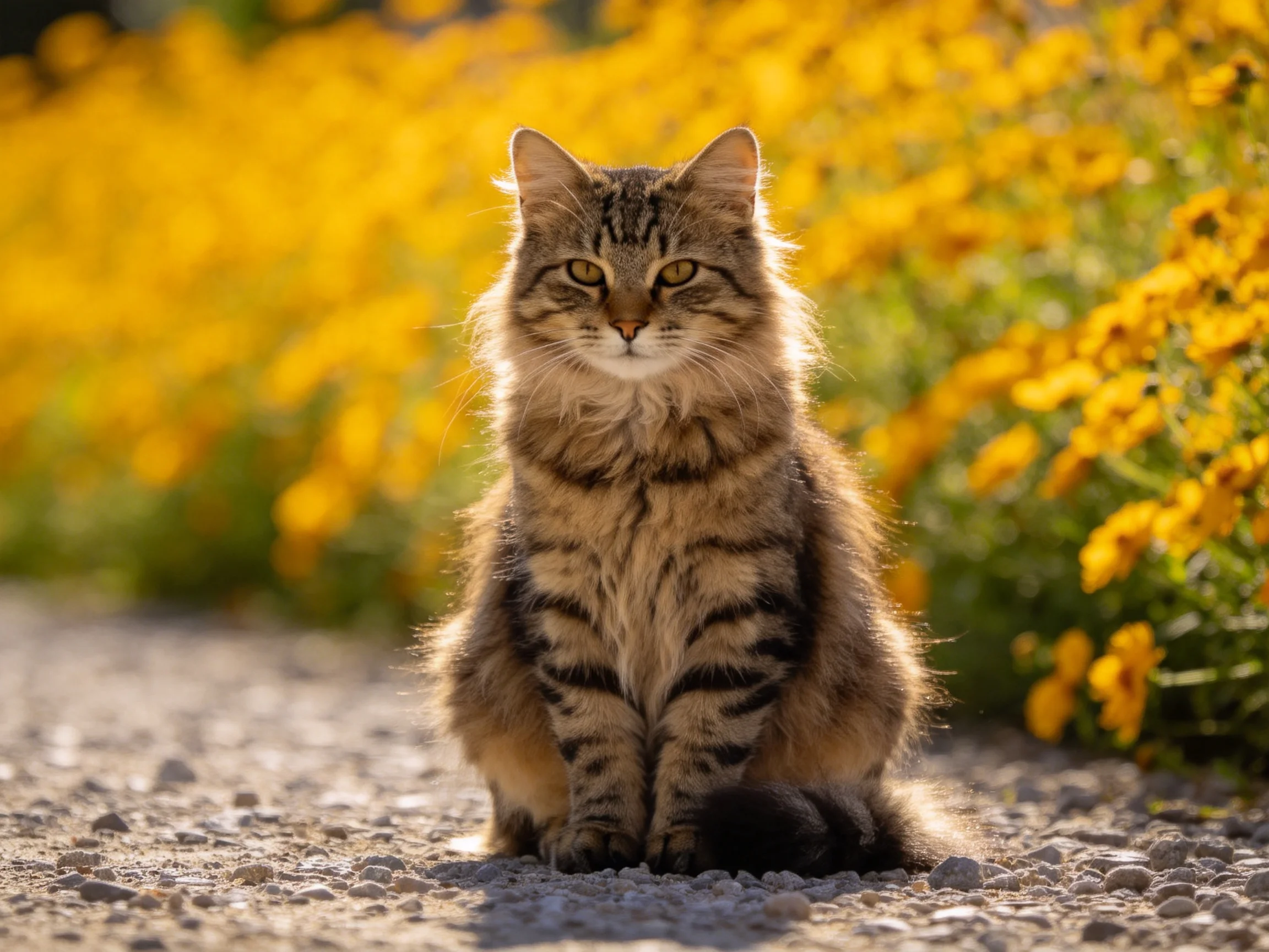 A fluffy tabby cat sits calmly among yellow flowers on a gravel path