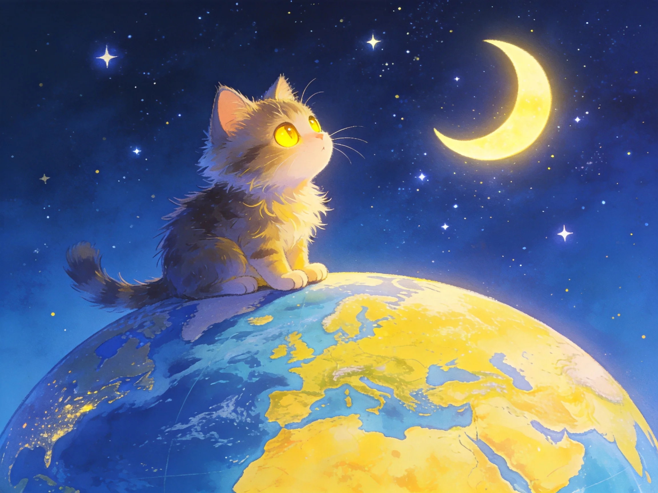 A fluffy tabby cat sits on Earth beneath a crescent moon in a starry night.