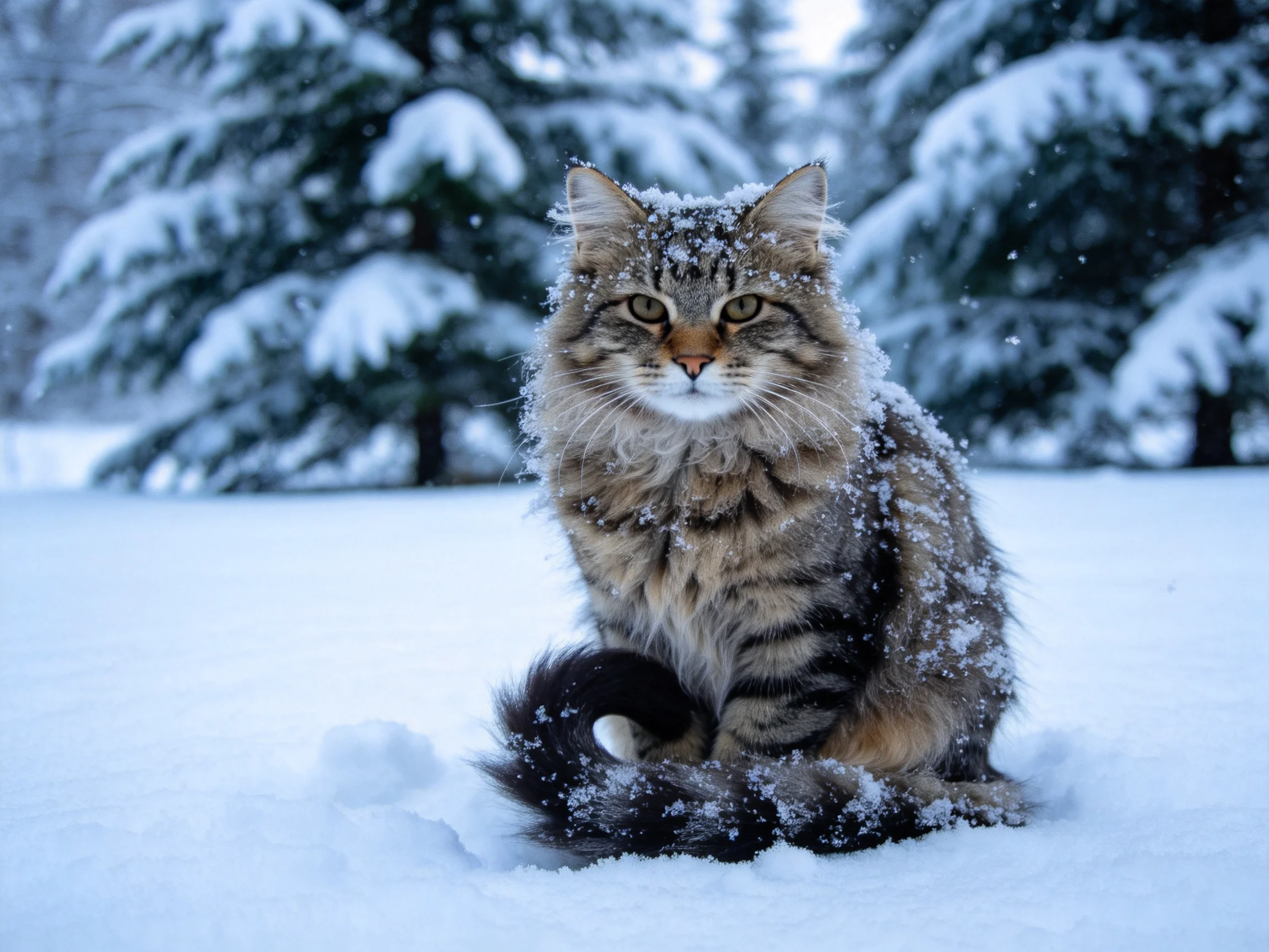 A fluffy tabby cat sits in the snow among snow-laden evergreen trees.