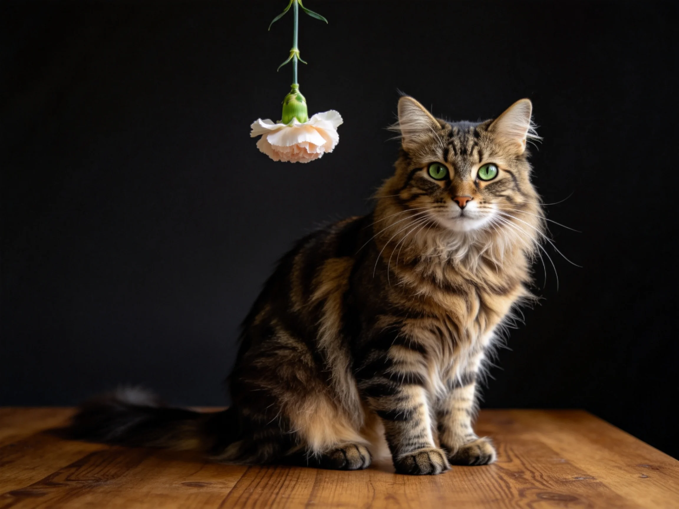A fluffy tabby cat sits near a pink flower on a wooden table.
