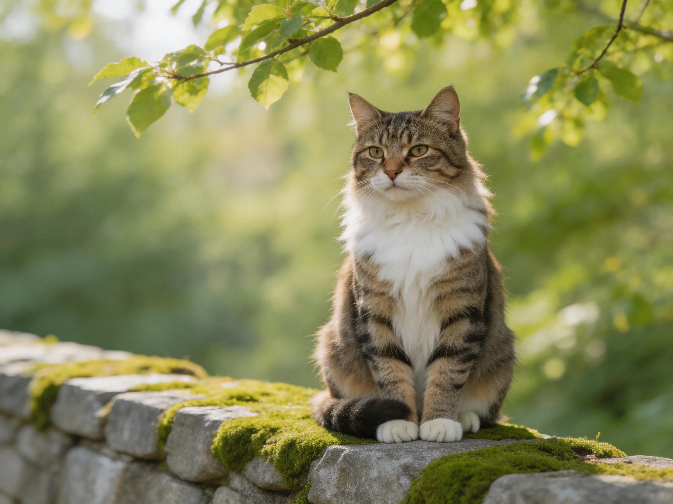 A fluffy tabby cat sits on a moss-covered stone wall amid green foliage