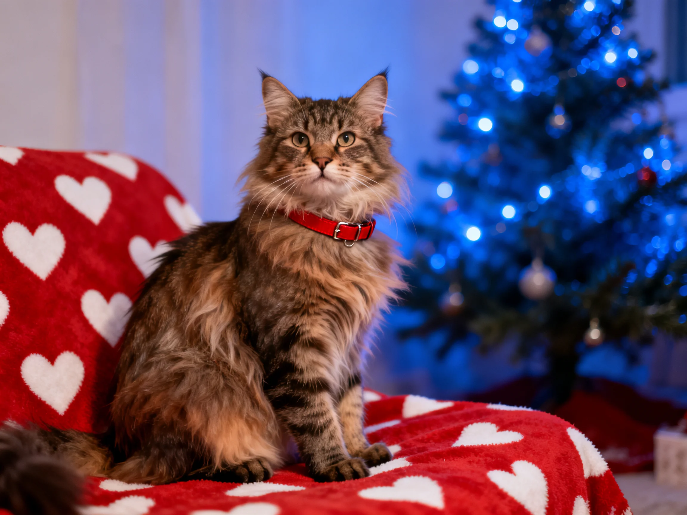 A long - haired tabby cat rests on a red heart blanket beside a blue Christmas tree.