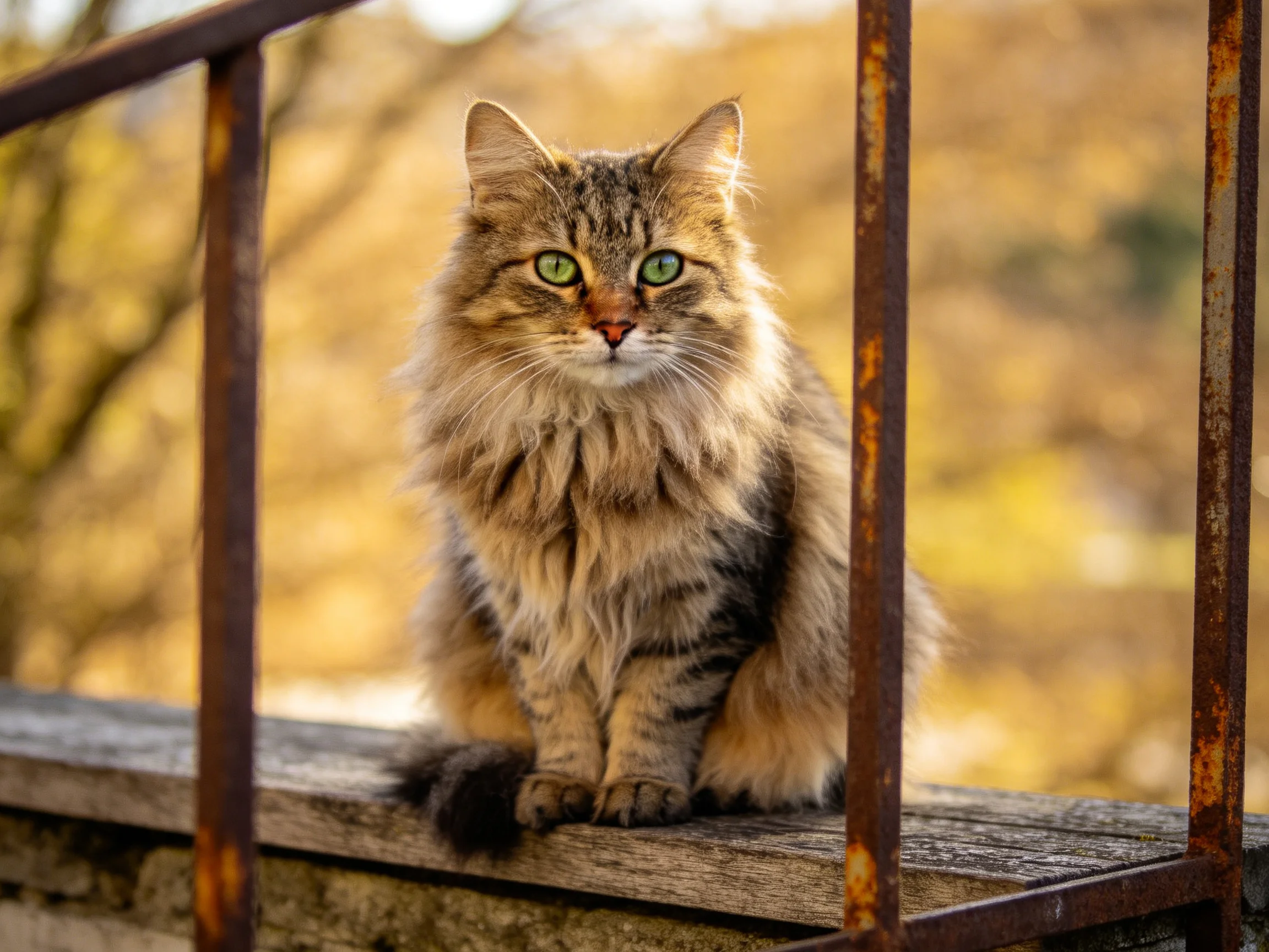A fluffy tabby cat sits on a weathered wooden ledge with rusted metal rails
