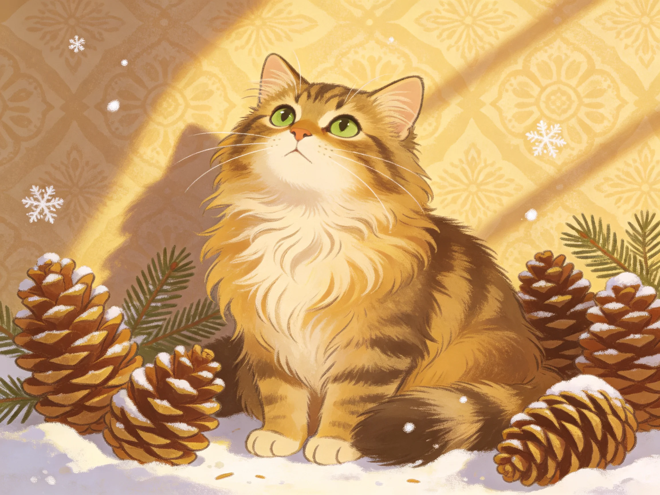 A fluffy tabby cat sits among pinecones and snow near a decorative wall.