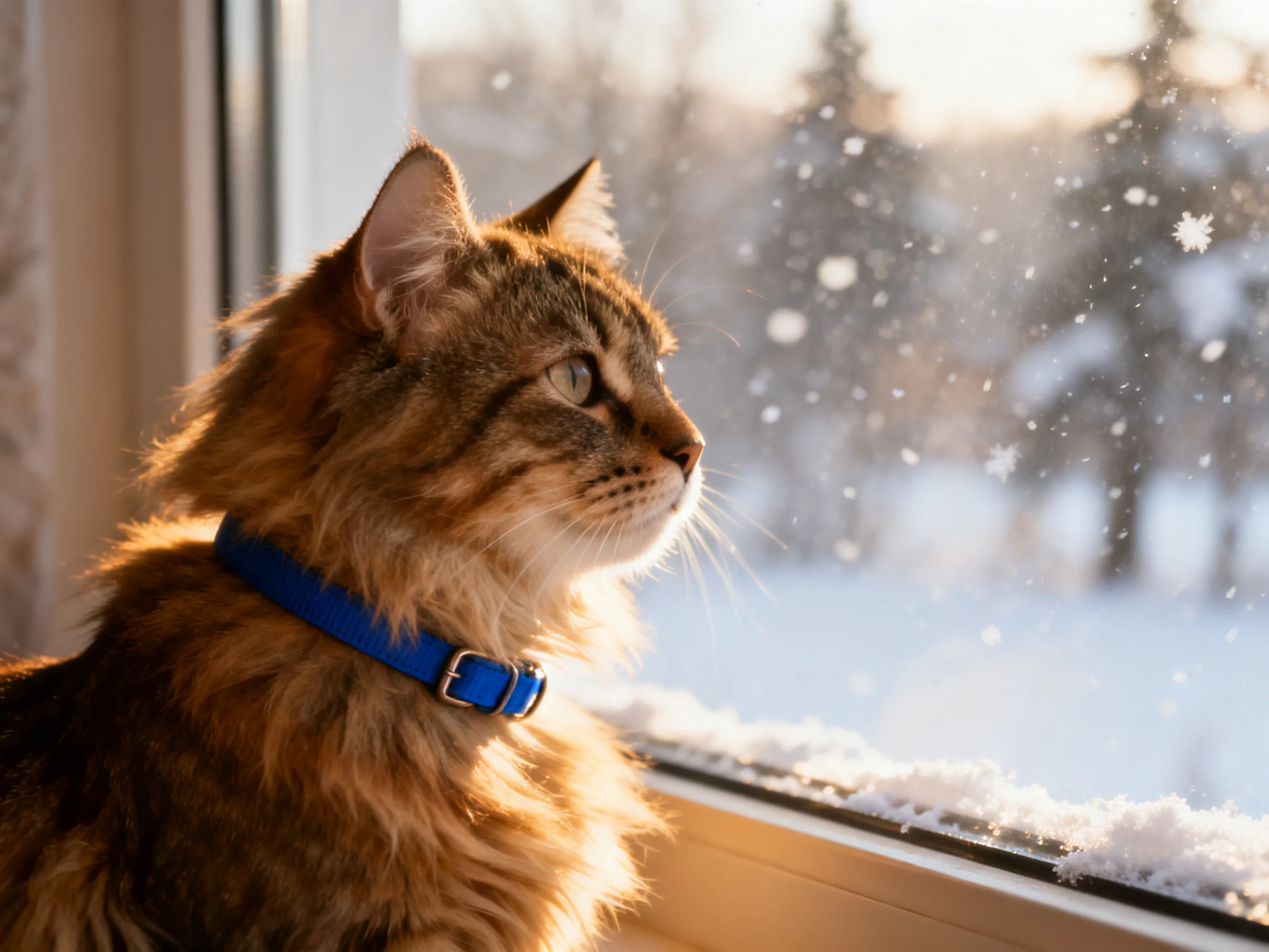 A fluffy tabby cat with a blue collar gazes at a snowy landscape through a window