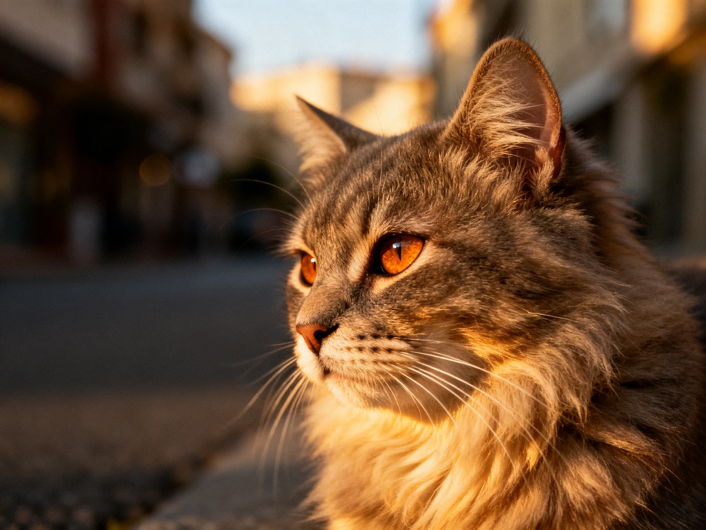 A fluffy tabby cat with amber eyes sits peacefully on a sunlit urban street.