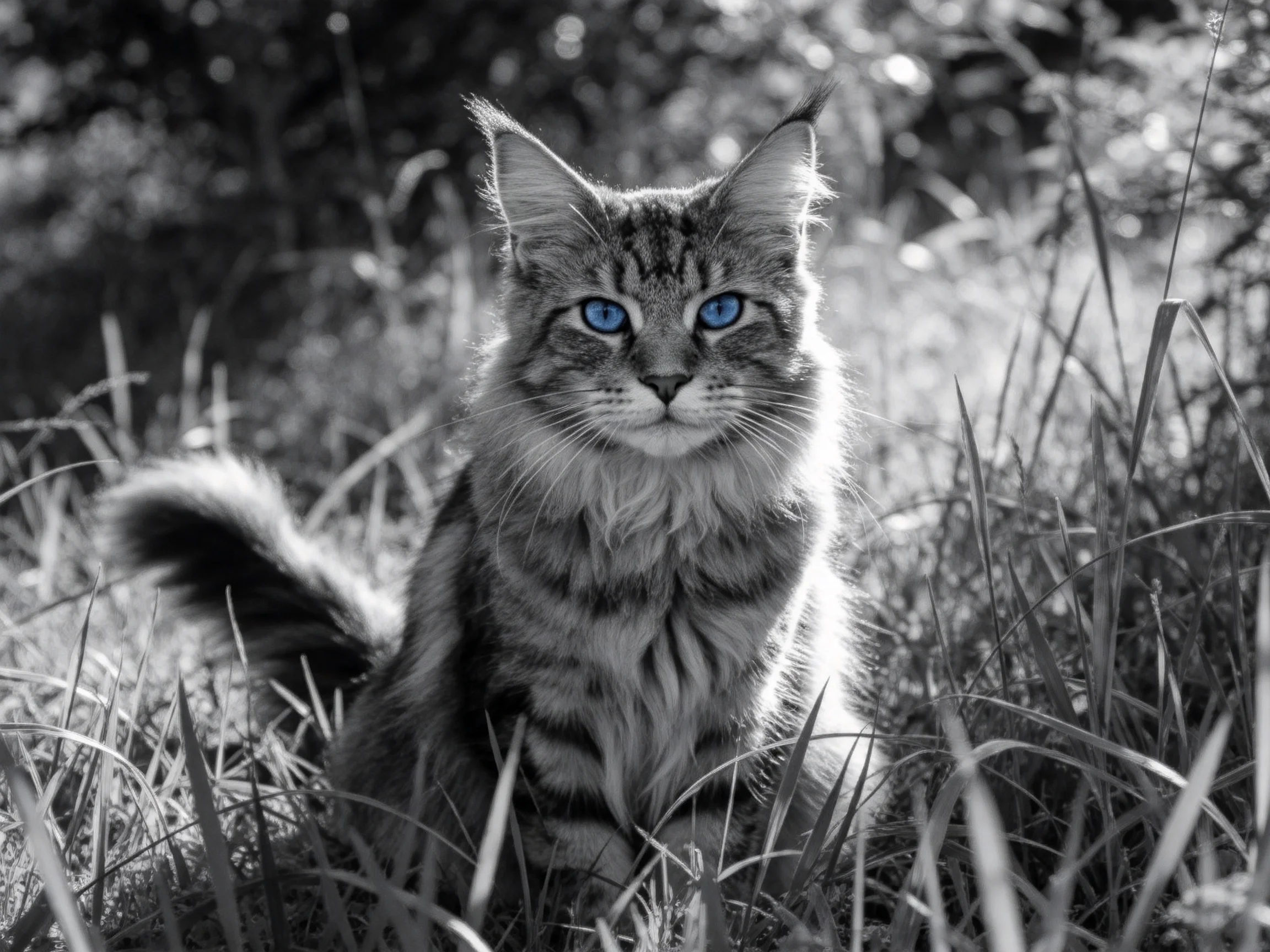 A tabby cat with blue eyes sits among tall grass.