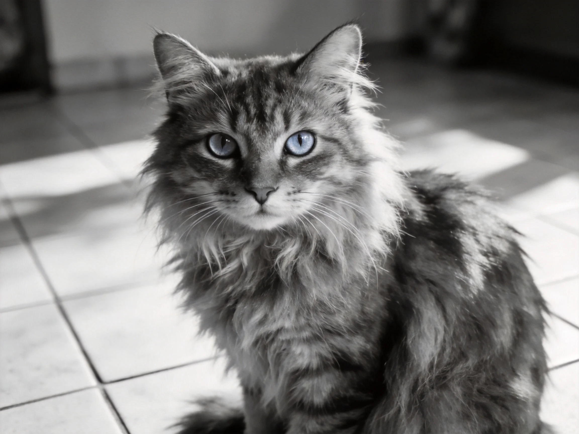 Fluffy tabby cat with bright blue eyes sits on tiled flooring.