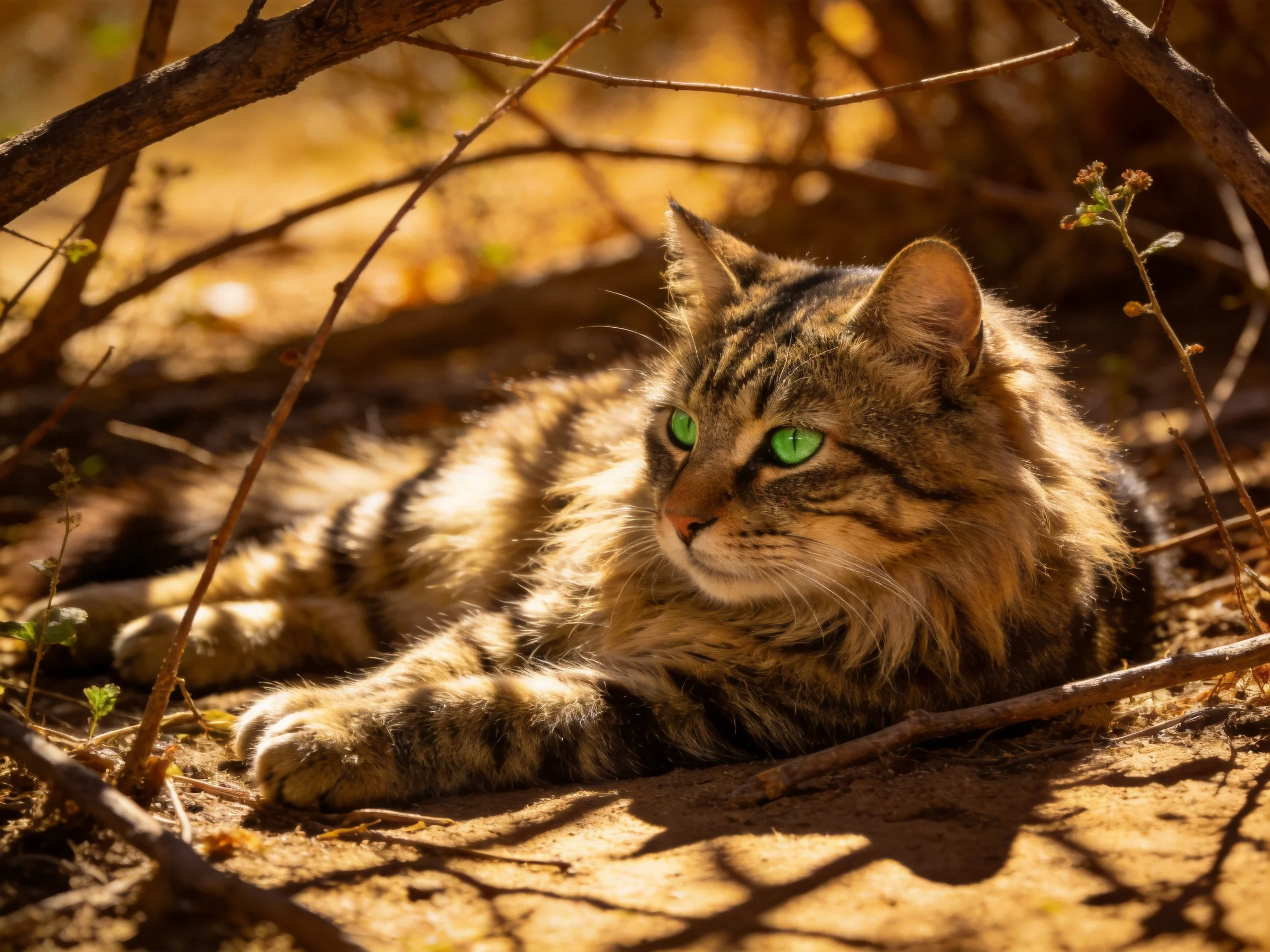 A tabby cat with green eyes relaxes among dry branches in sunlight.