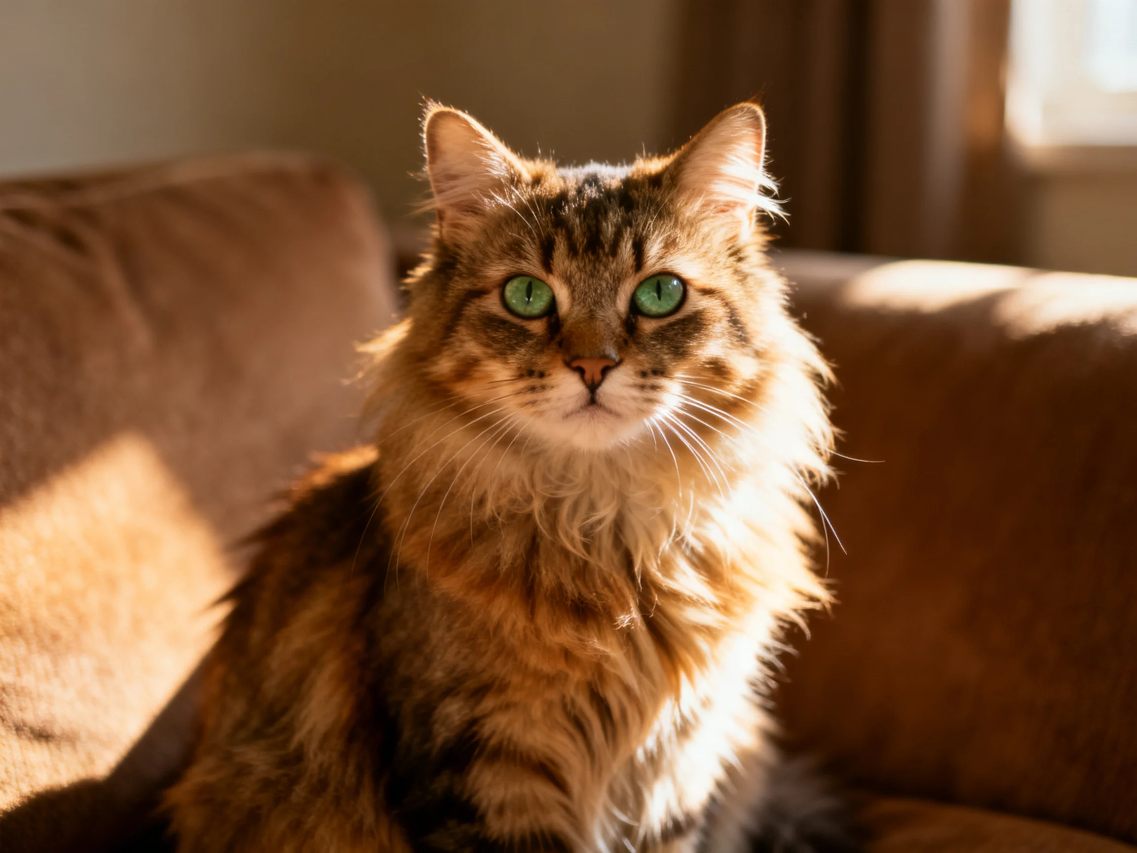 A fluffy tabby cat with green eyes sits on a brown sofa in sunlight.