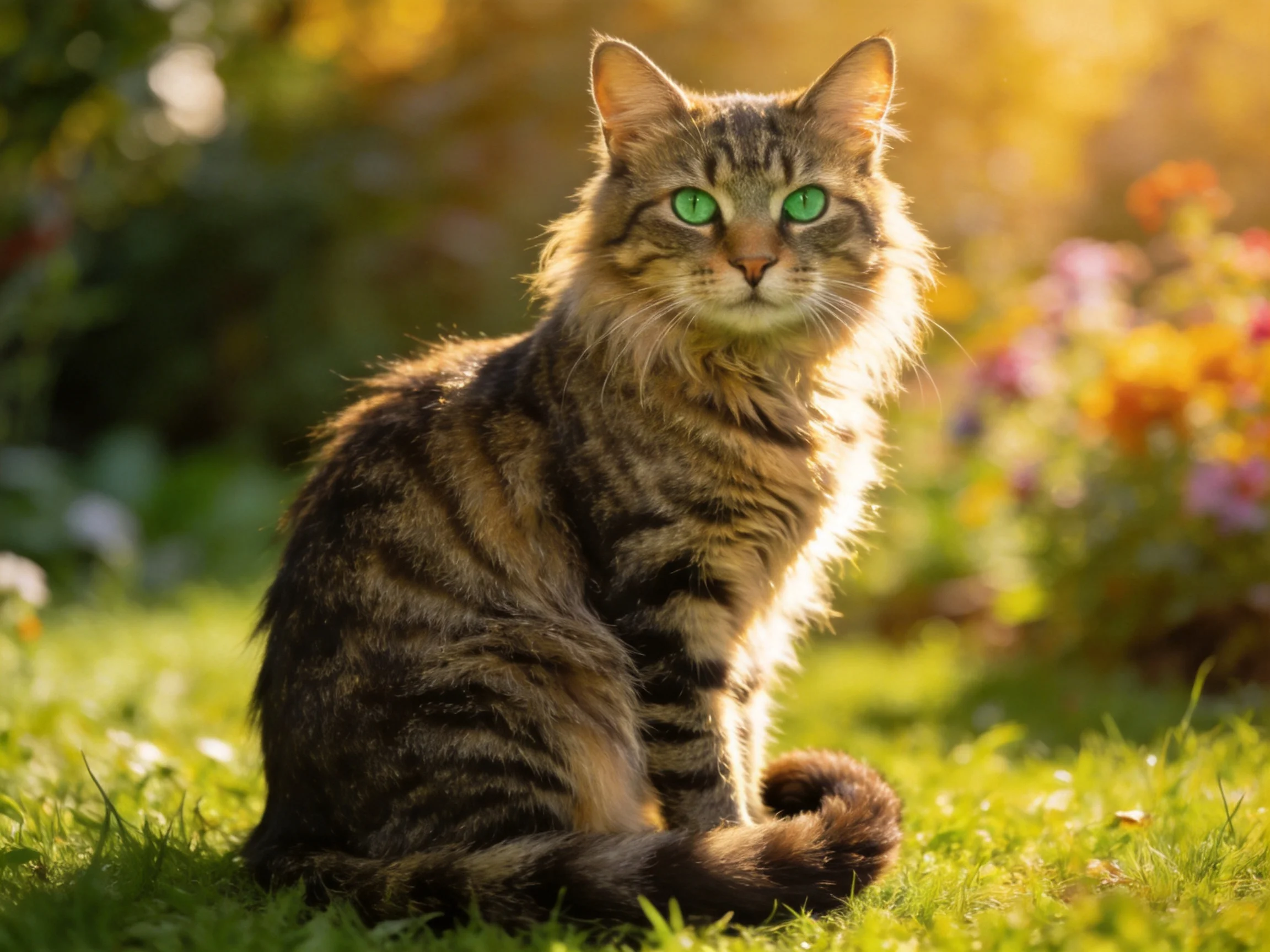 A tabby cat with green eyes sits calmly on sunlit grass in a garden.