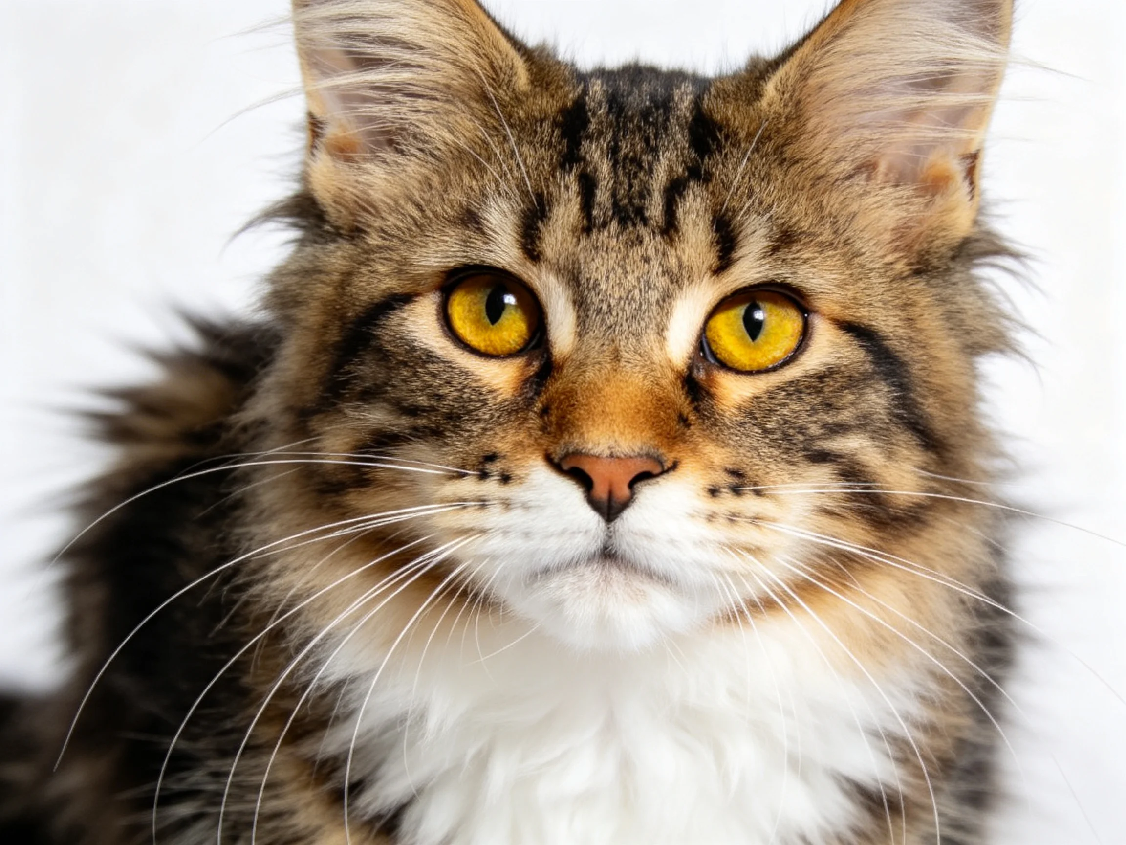 A close-up view of a fluffy tabby cat with vibrant yellow eyes.