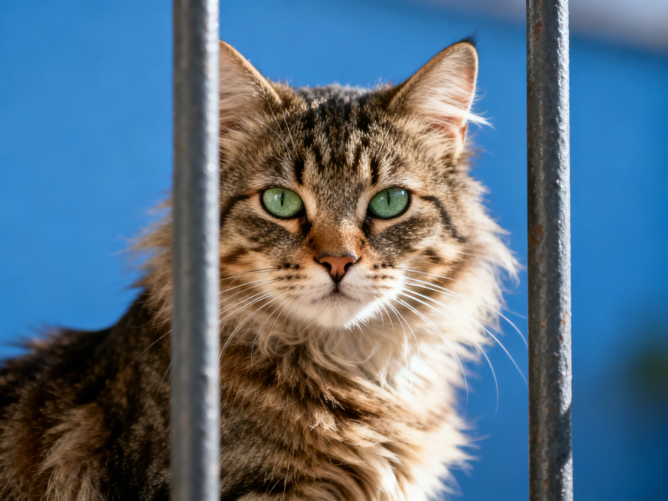 A fluffy tabby cat with green eyes sits behind metal bars near a bright blue area.