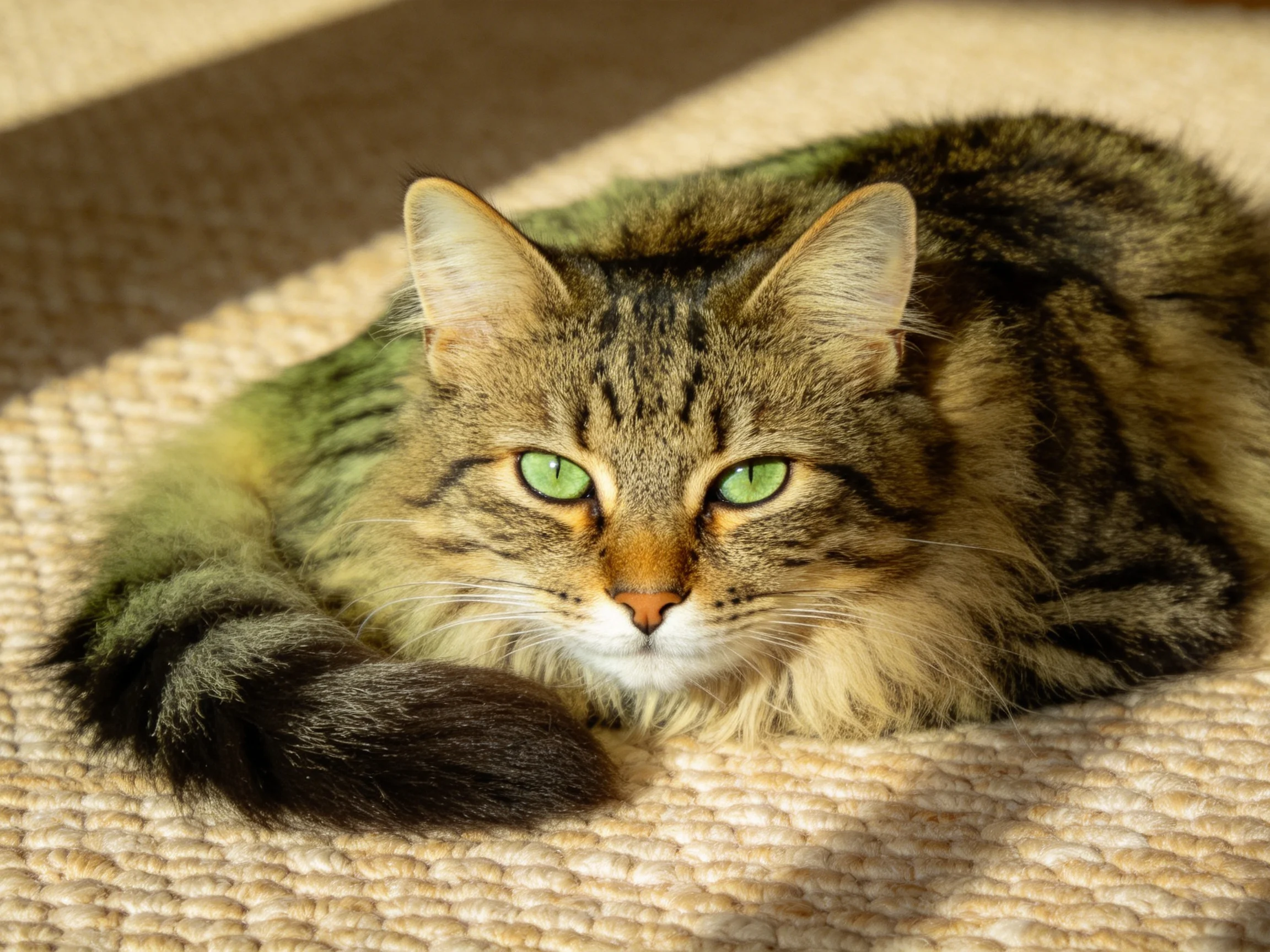 A tabby cat with green eyes relaxes on a textured rug.