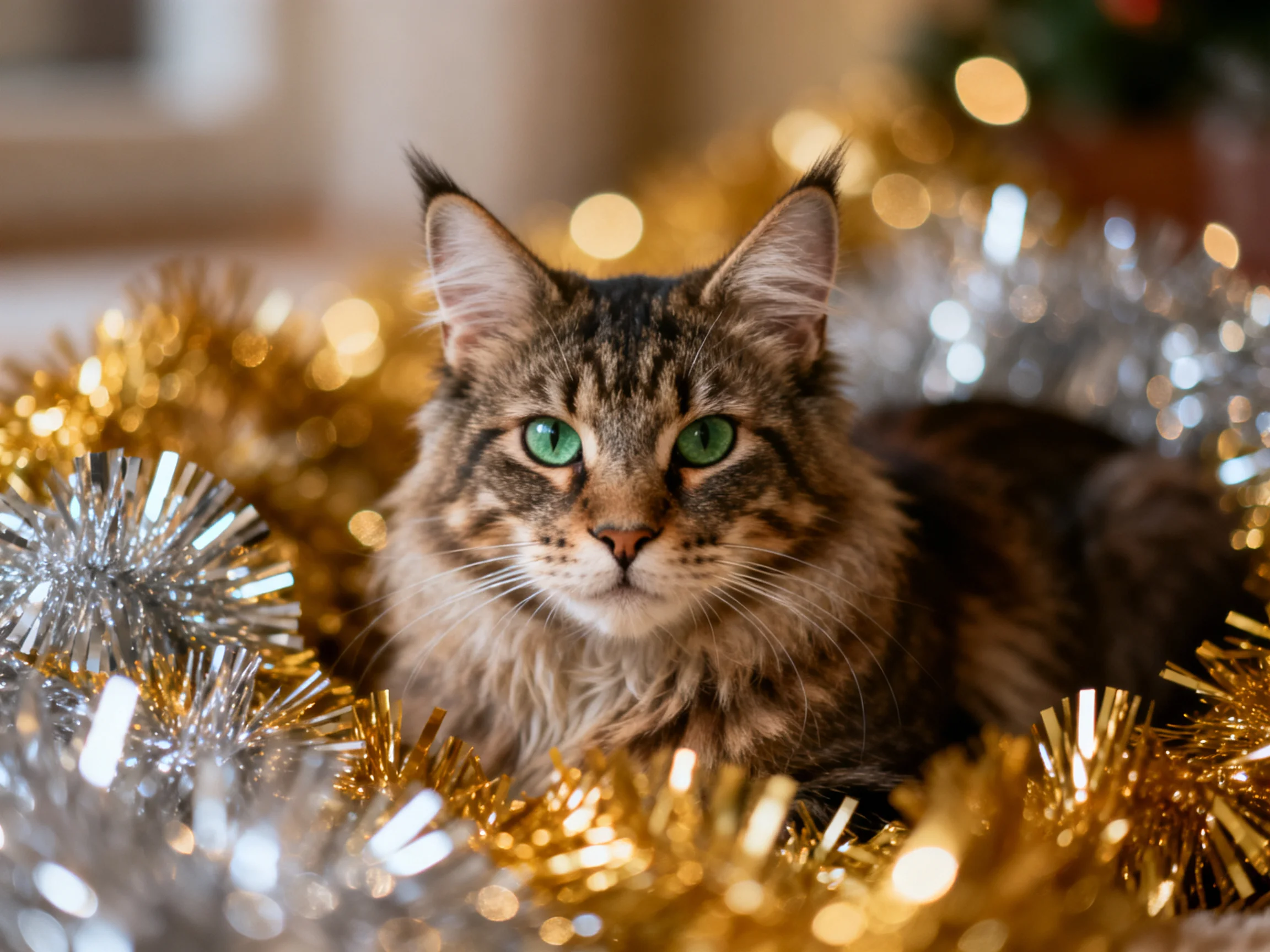 A fluffy tabby cat with green eyes rests among golden and silver tinsel