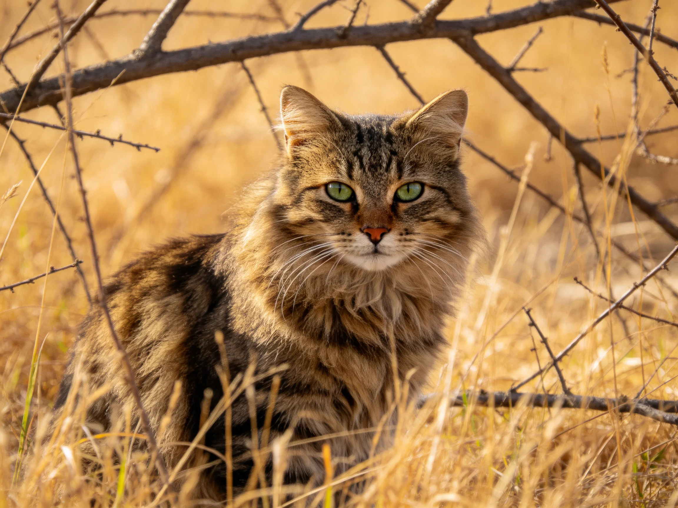 A fluffy tabby cat with green eyes rests amid tall golden grass and branches.