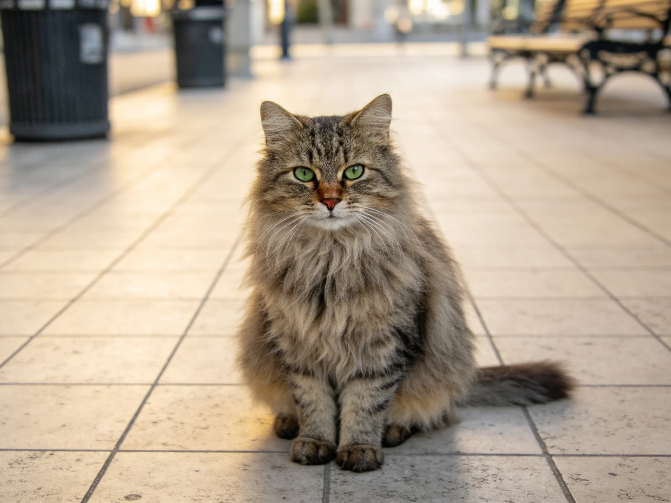 A fluffy tabby cat with green eyes sits calmly on tiled pavement.