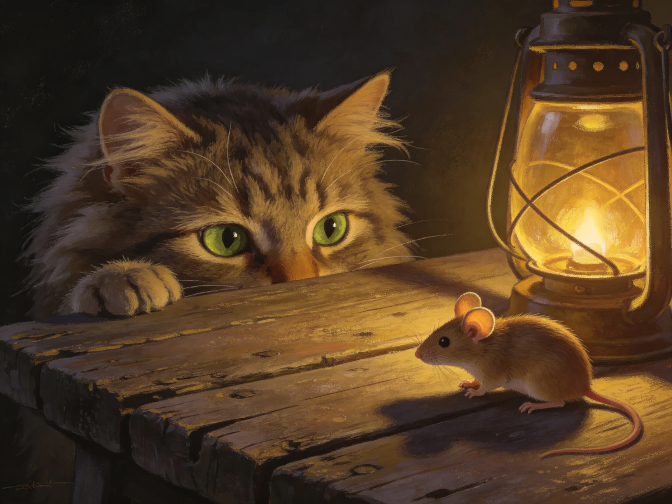 A cat watches a mouse near a lantern on a wooden surface.