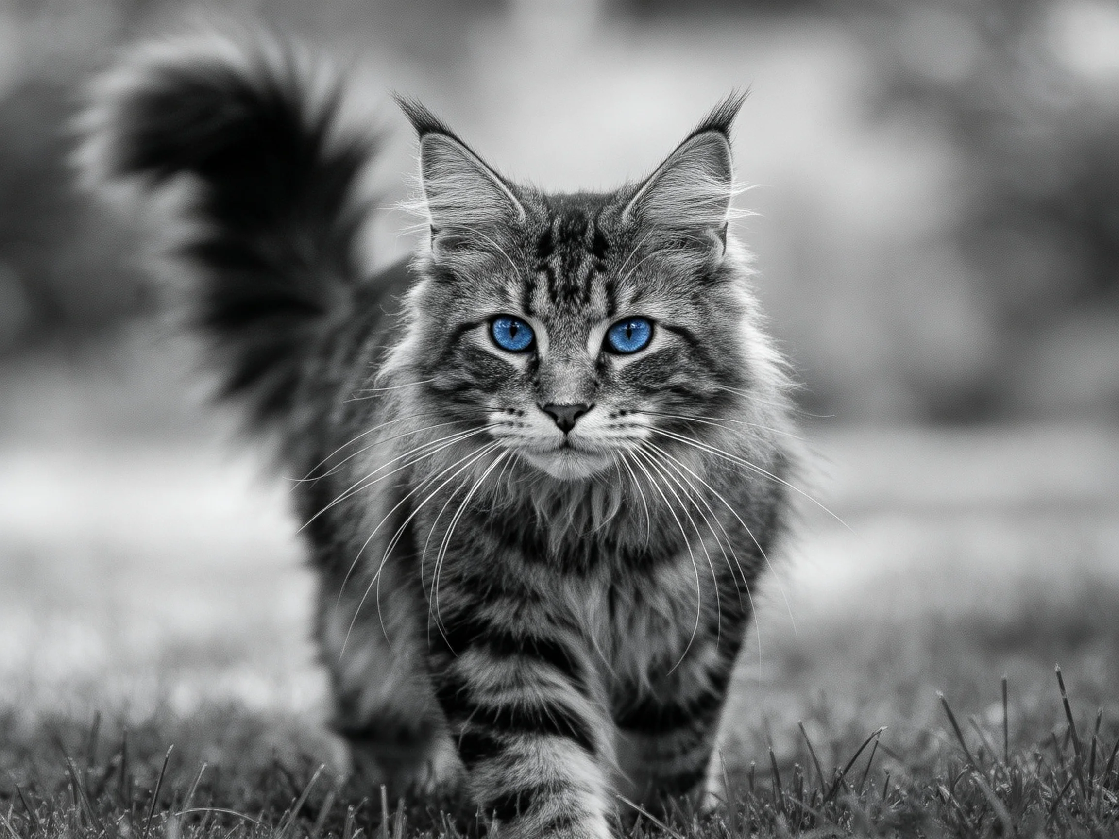 A fluffy tabby cat with blue eyes walks through a blurred outdoor area.