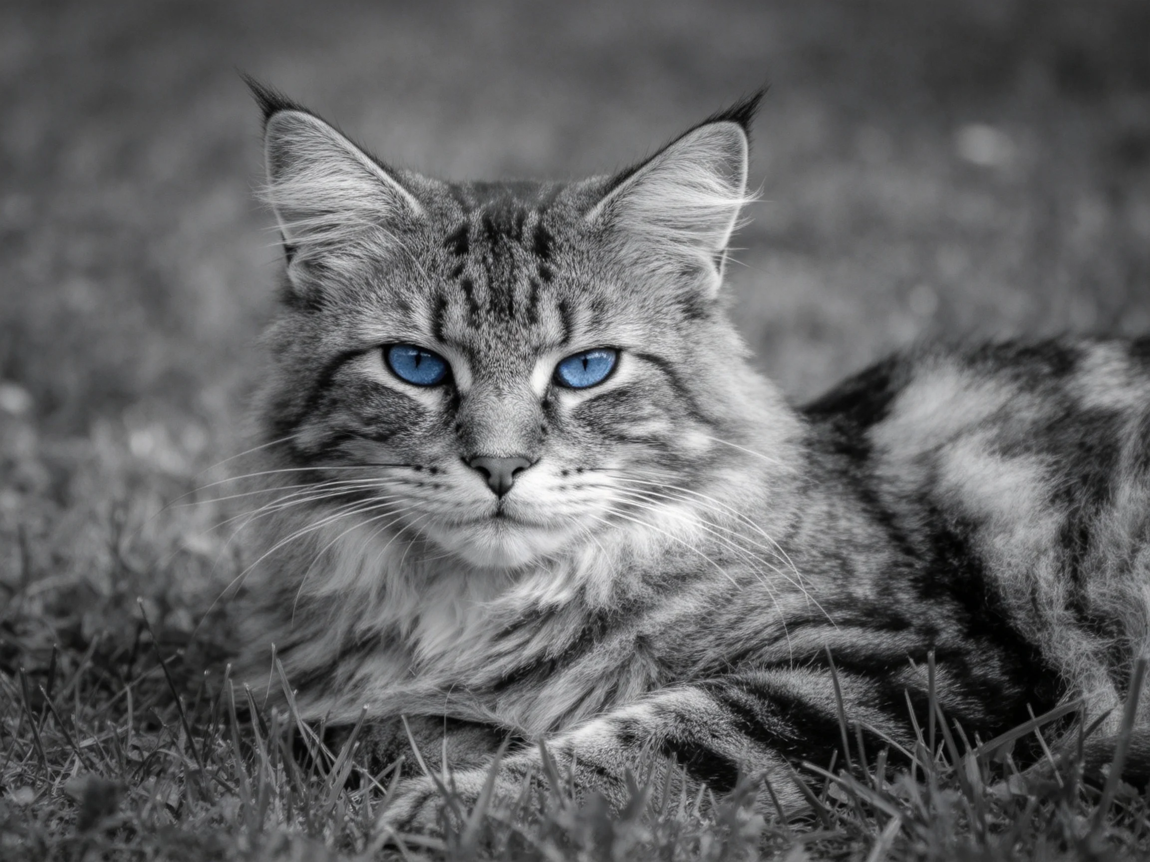 A tabby cat with vivid blue eyes rests on grass
