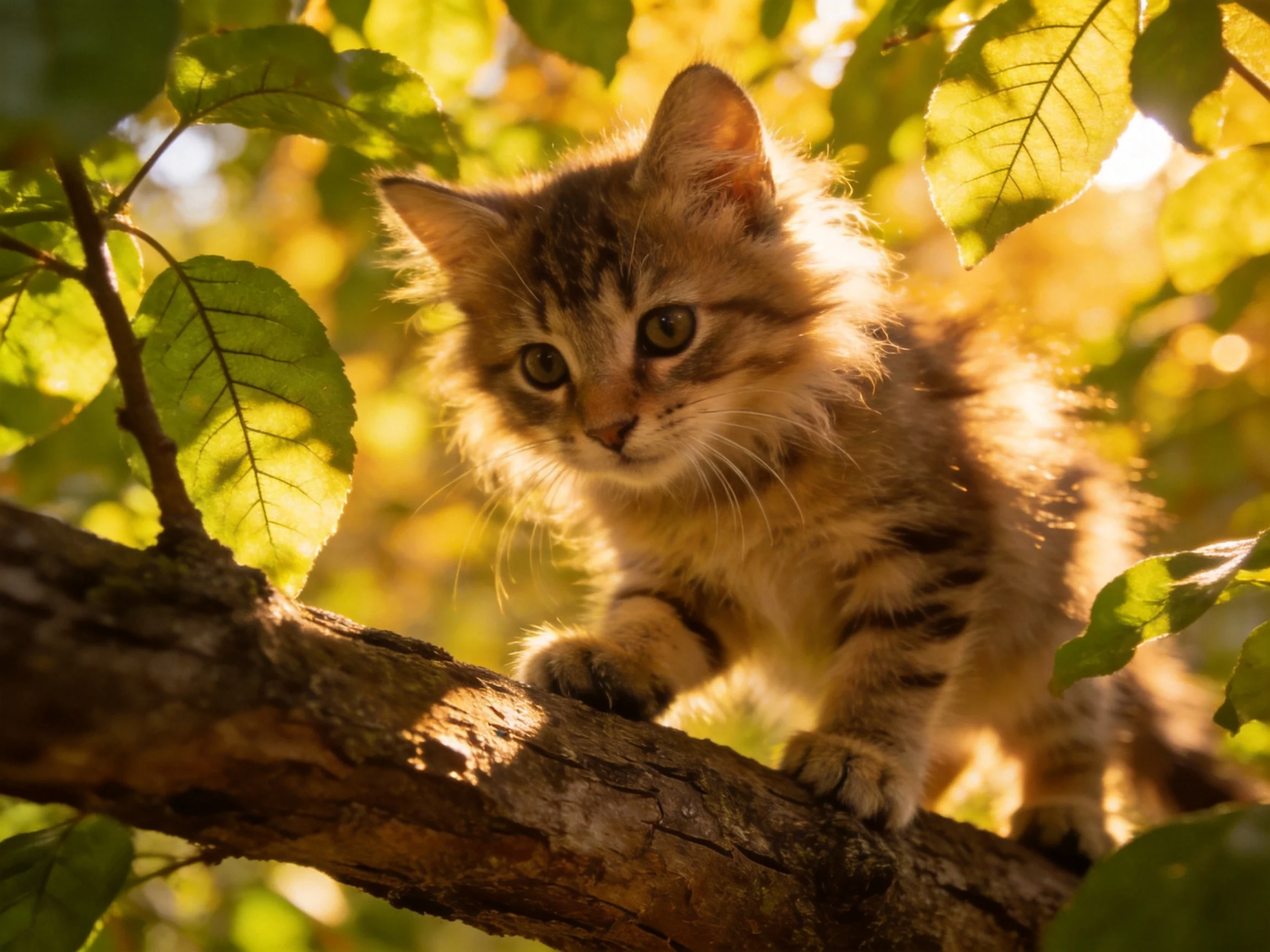A fluffy tabby kitten stands on a brown tree branch surrounded by green leaves.