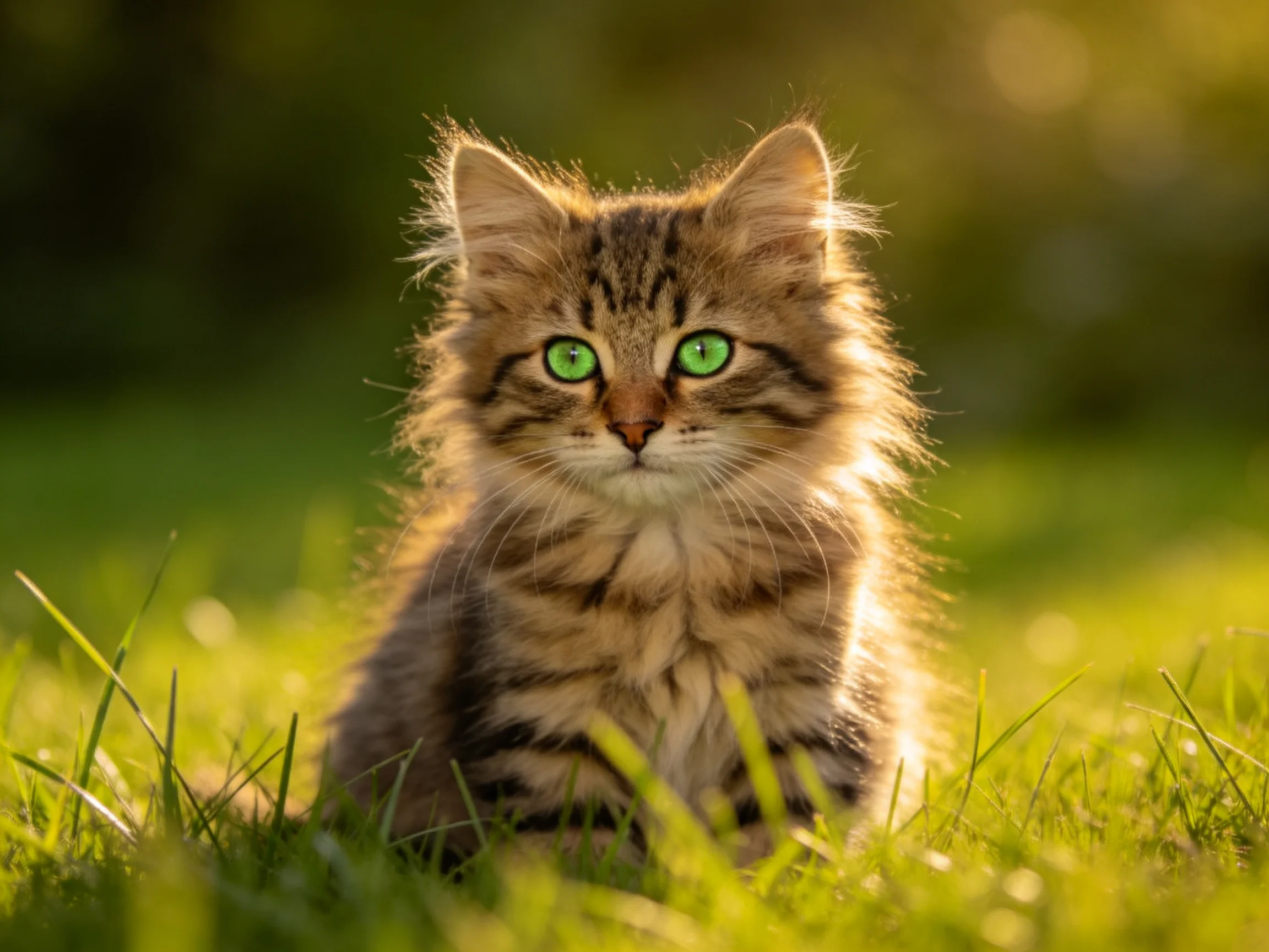 A fluffy tabby kitten with bright green eyes sits in sunlit grass.