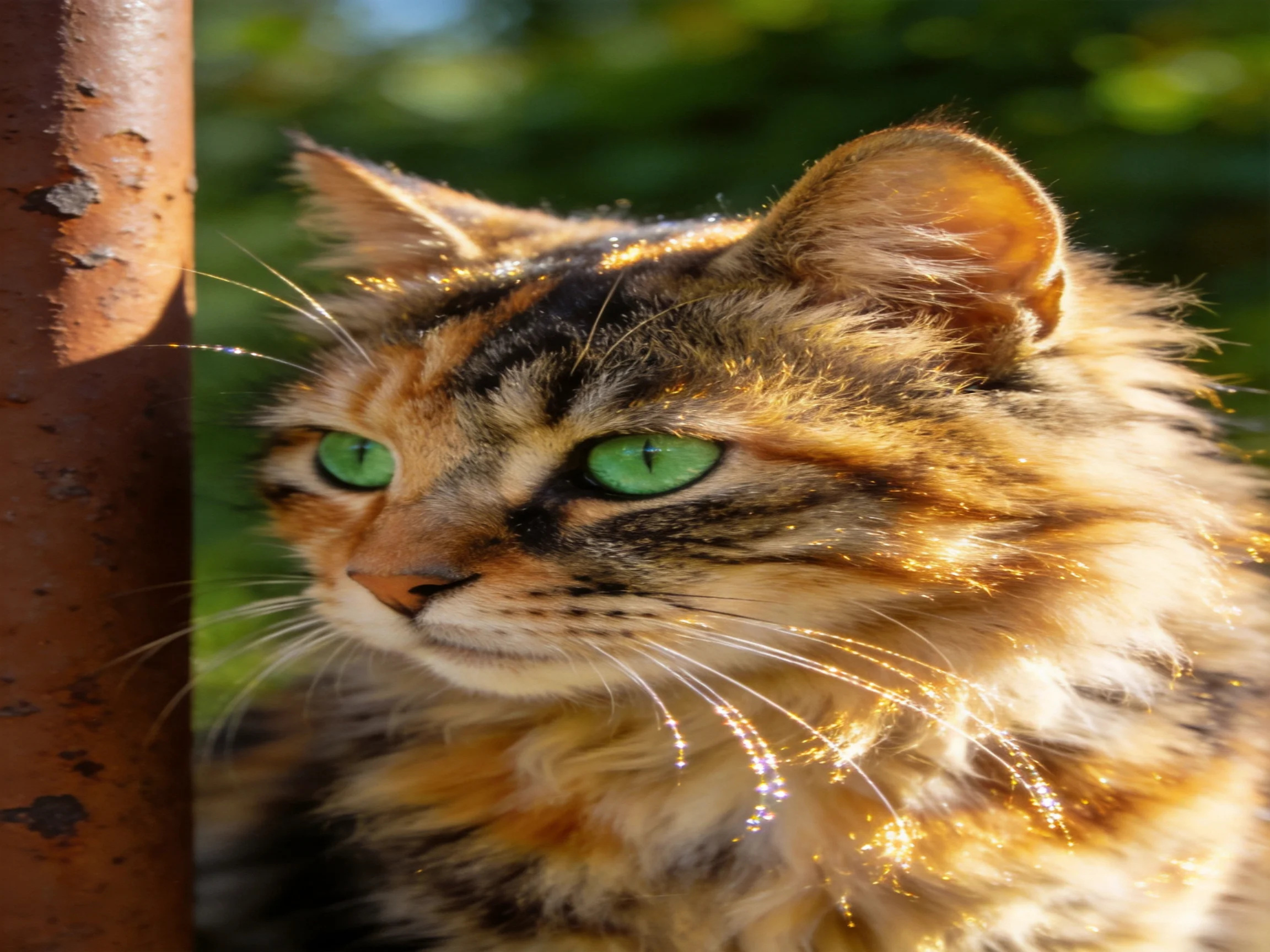 A tortoiseshell cat with green eyes sits next to a rusted pole outdoors.