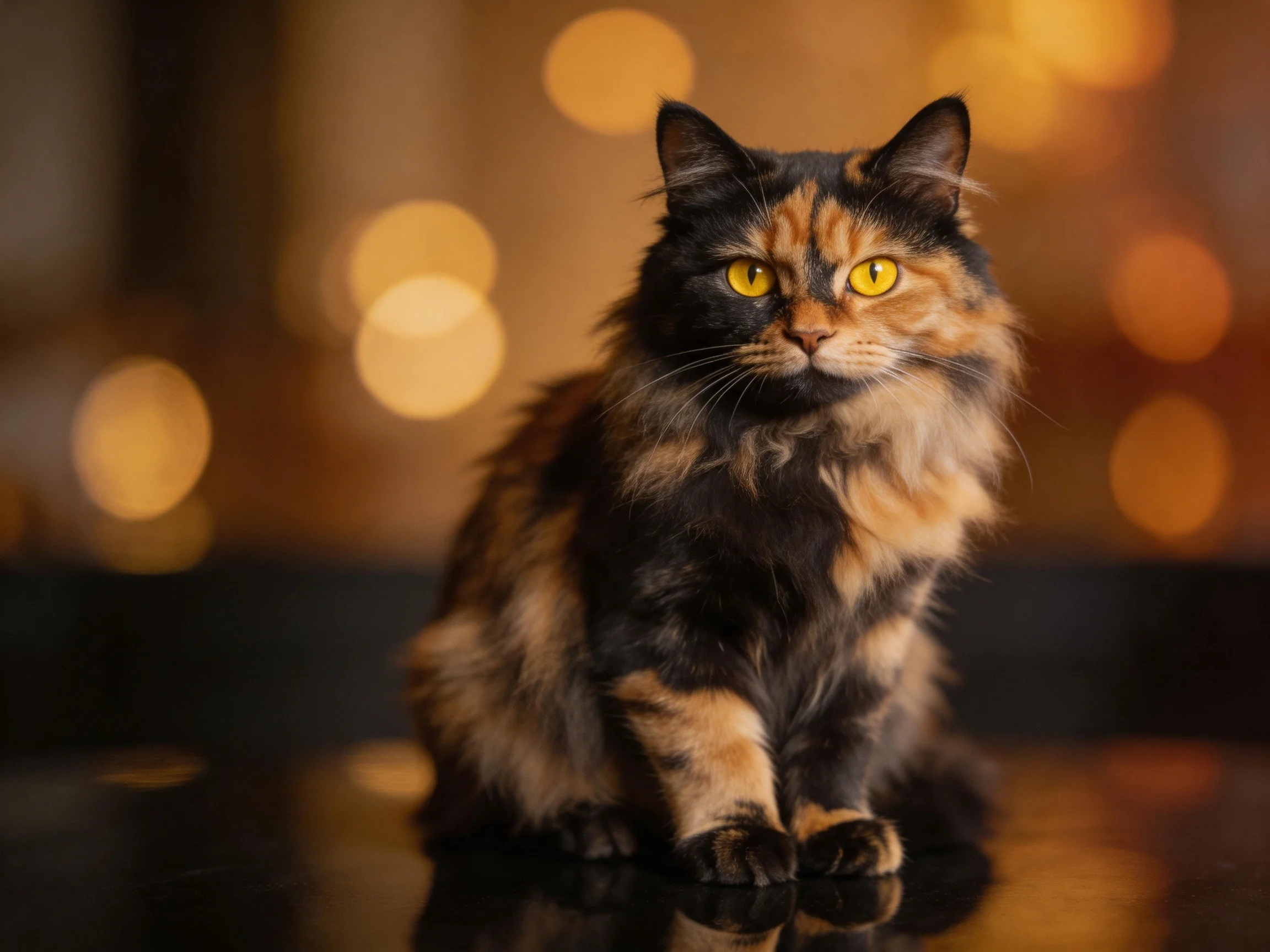 A tortoiseshell cat with bright yellow eyes sits on a glossy surface amid warm bokeh lighting.