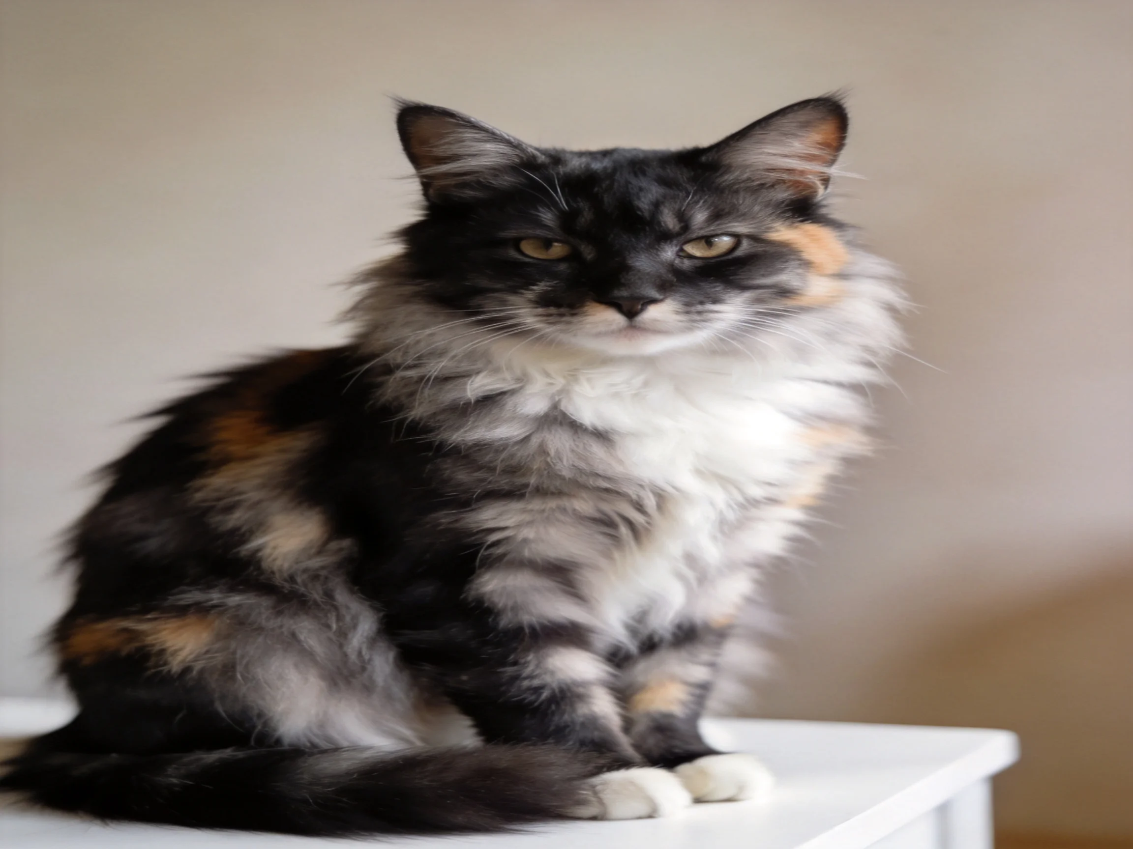 A fluffy tri-colored cat sits calmly on a white structure.