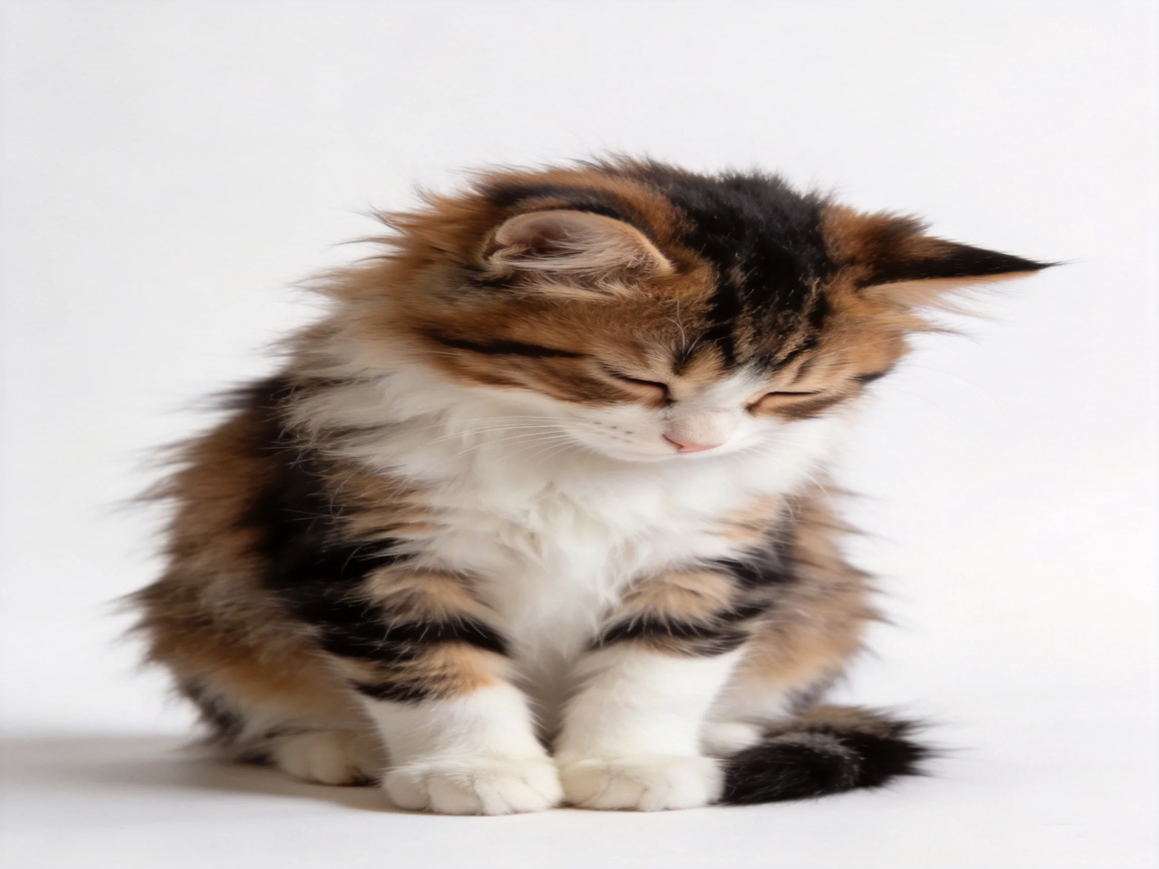 A tri-colored kitten sits calmly with eyes closed.