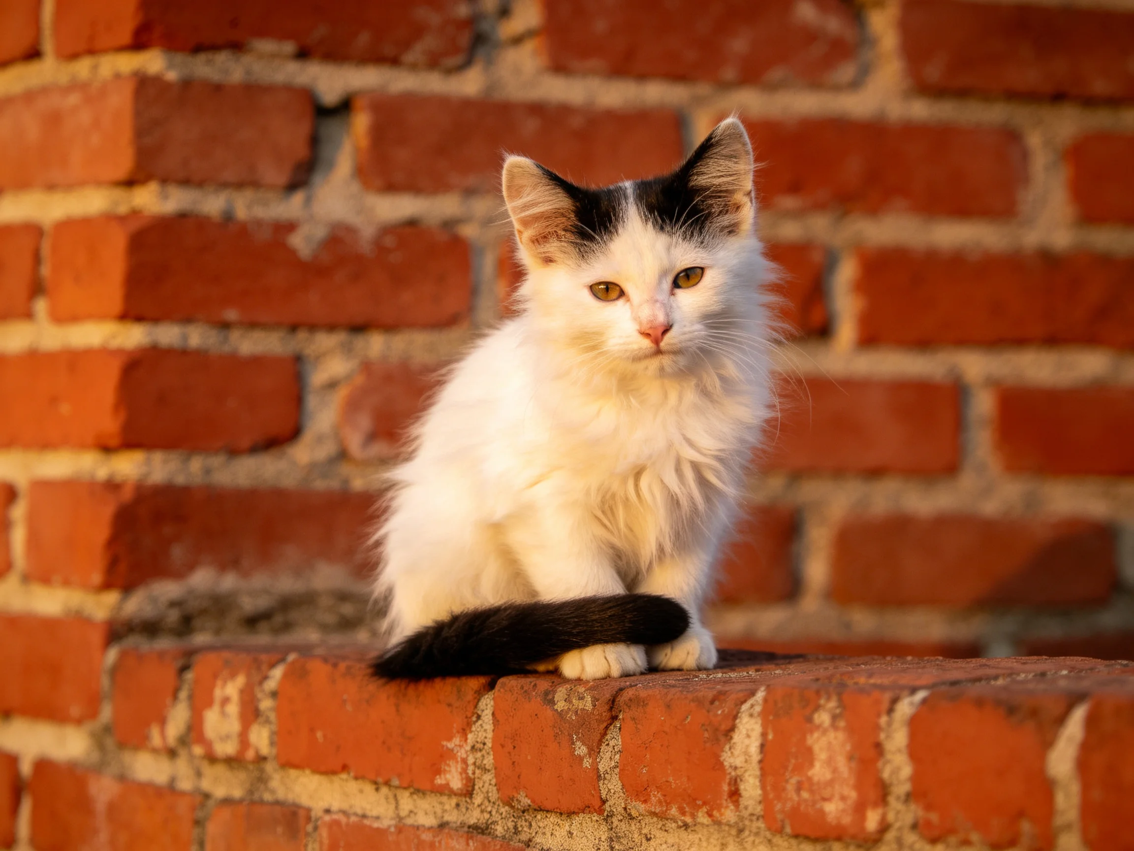 A small white and black kitten rests on a red brick ledge.