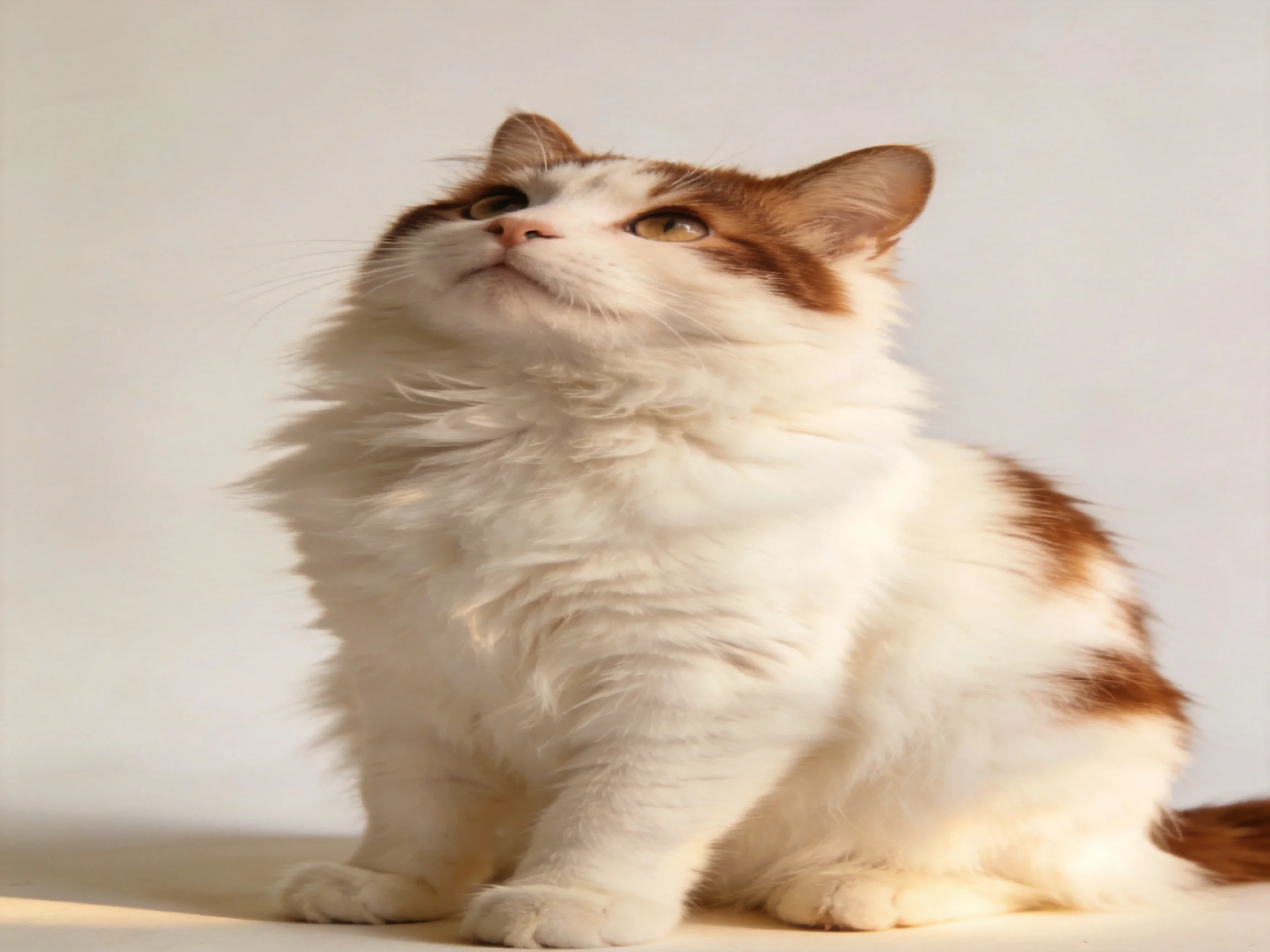 A fluffy white and brown cat gazes upward with a plain background