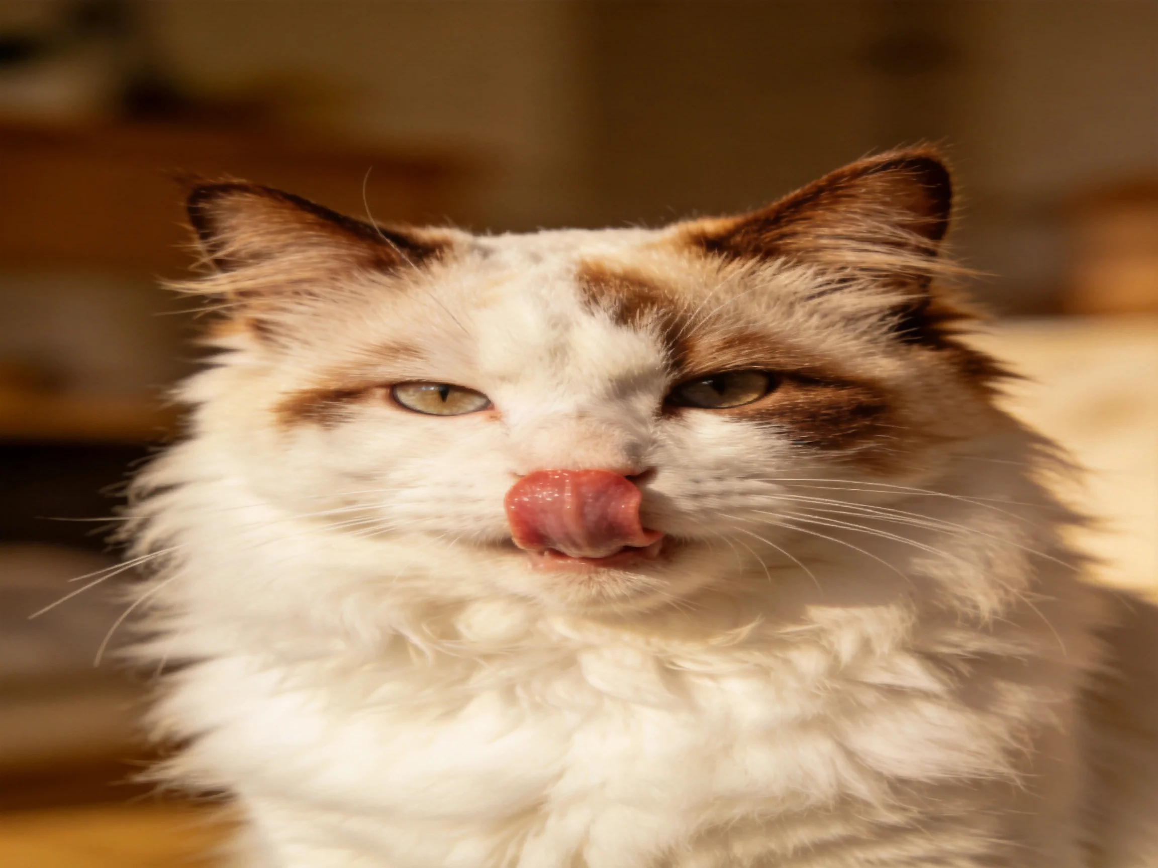 A fluffy white and brown cat licks its nose in warm indoor light