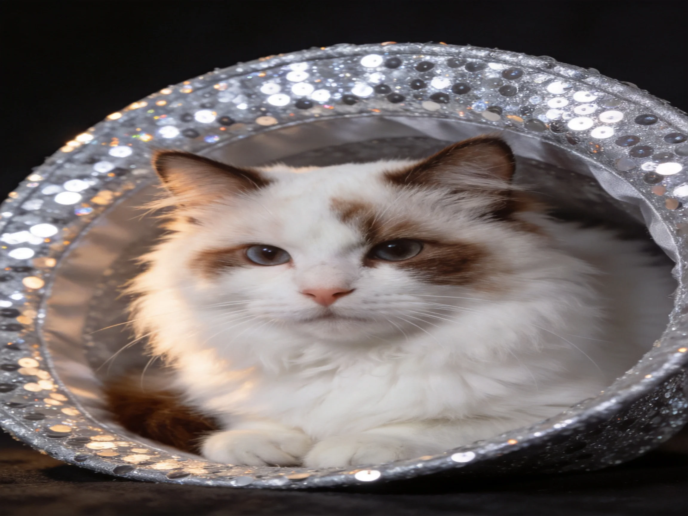 A fluffy white and brown cat nestled in a sparkling silver decorative tube