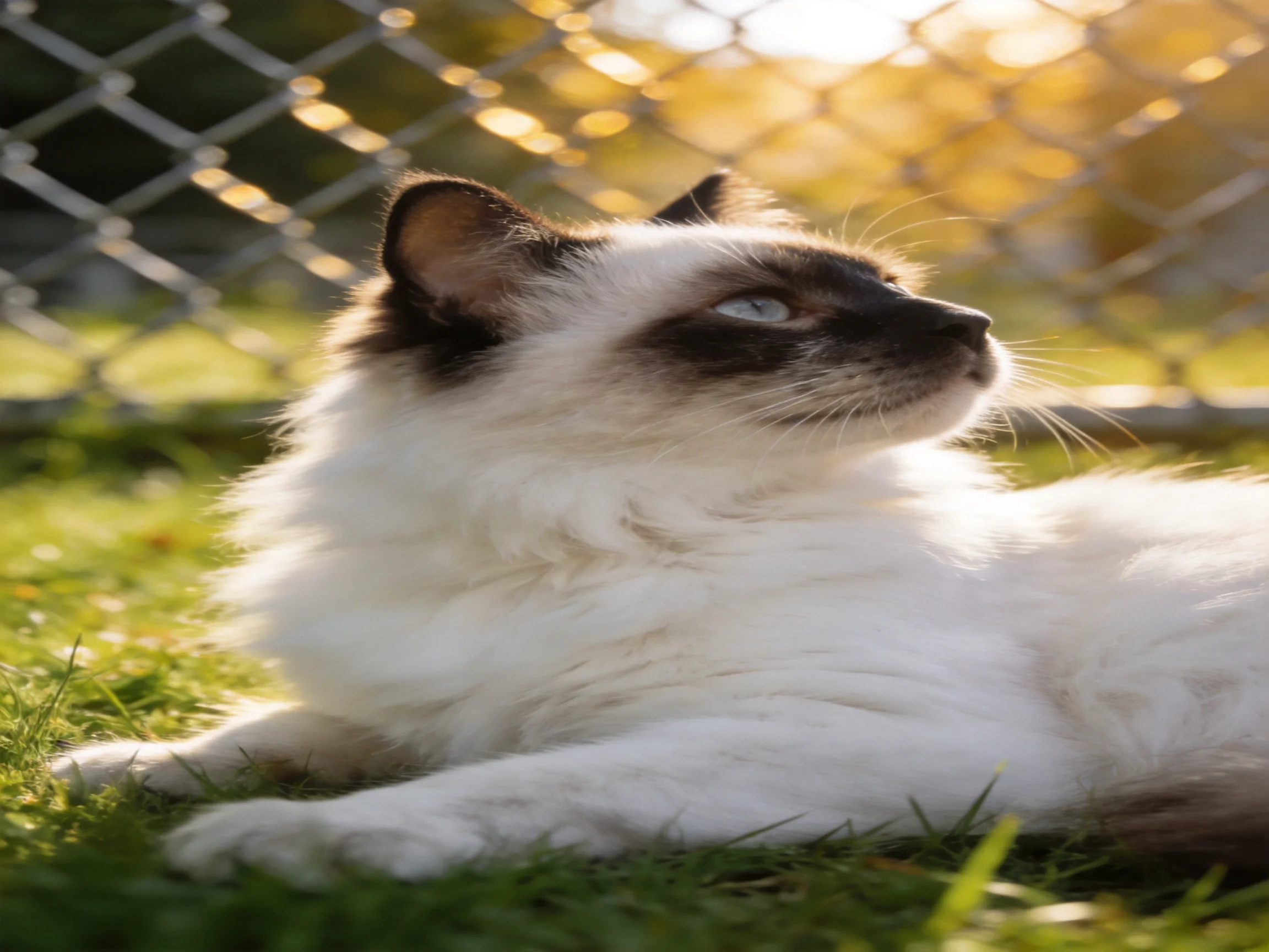 A fluffy cat with white and brown fur relaxes on grass near a chain-link fence.