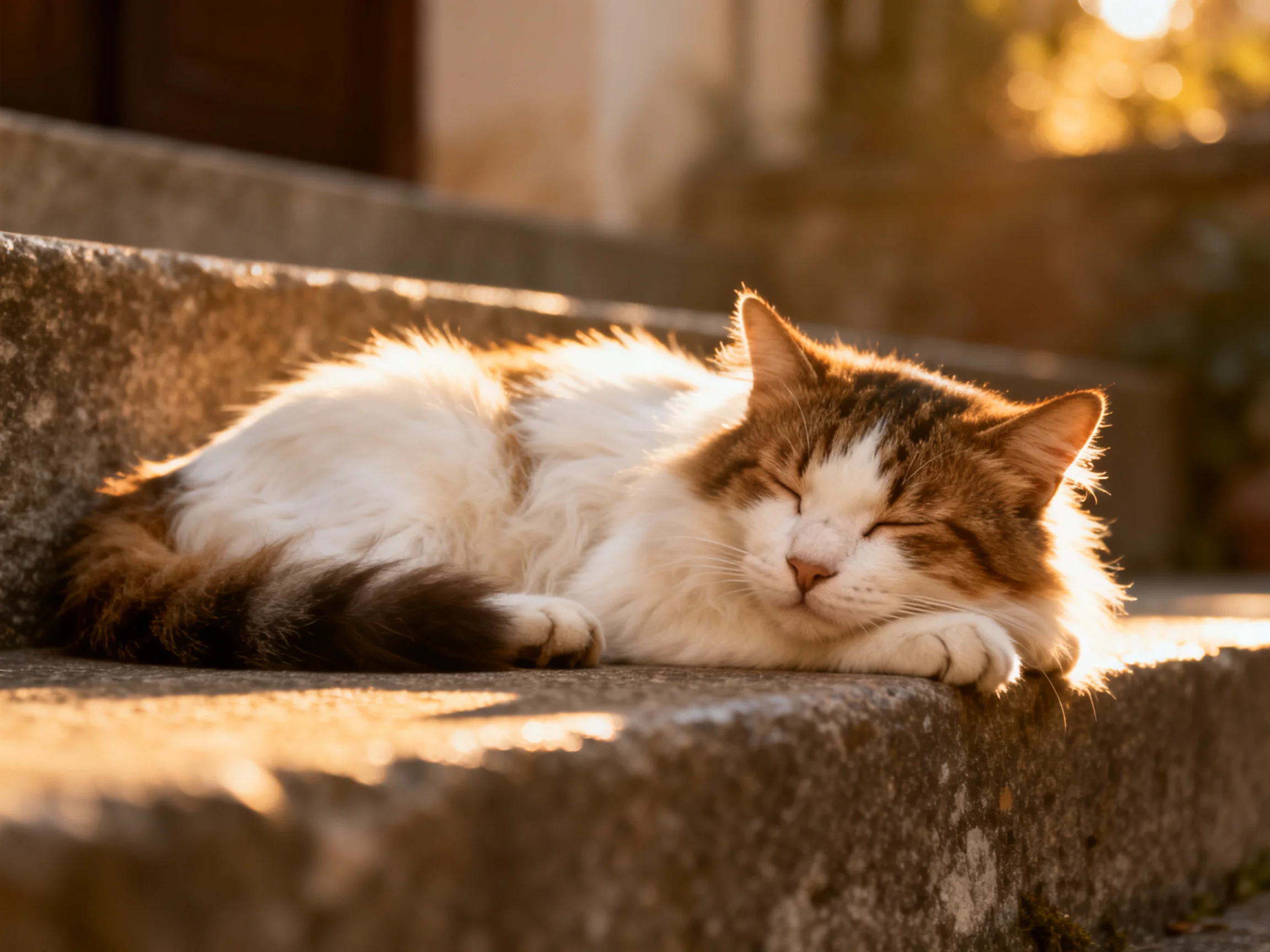 A white and brown cat sleeps on stone steps lit by warm sunlight.